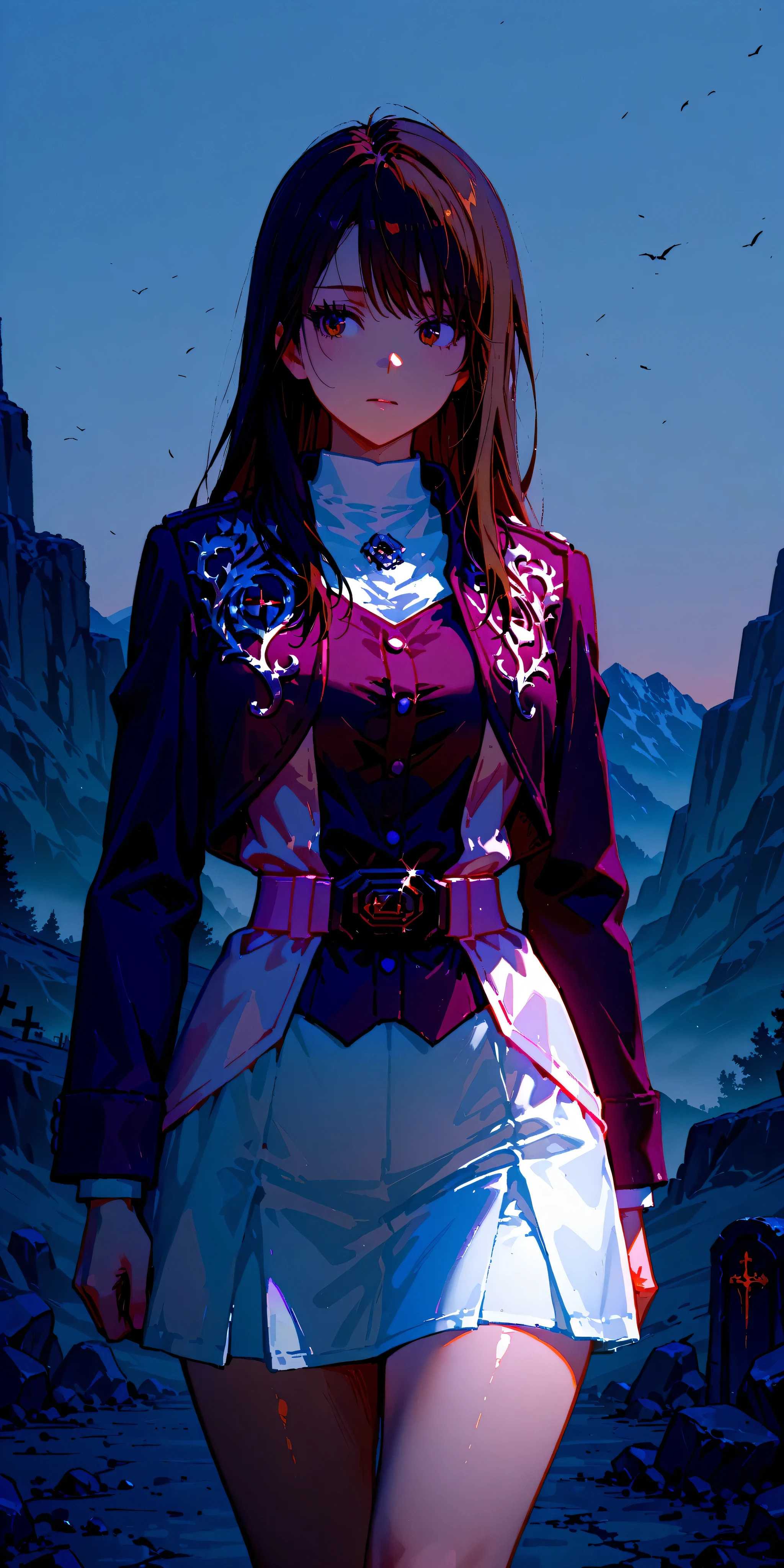 (High definition CG), (top quality),Dark Graveyard,Rocky Mountain,run away,((1 woman in the body)),perfect face, wide hips, thin waist, ,purple bolero jacket,(((white skirt))),long sleeve, Pink Belt, straight and long hair , brown hair, anxious expression,