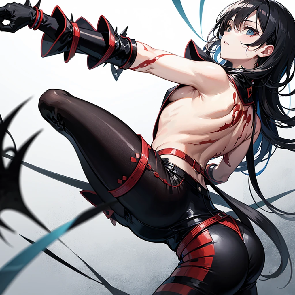 Captive, ninja, ponytail, black mask, big breasts, torn clothes, no panties, no bra, dynamic pose, angry, rope, covering breasts, covering crotch, sword