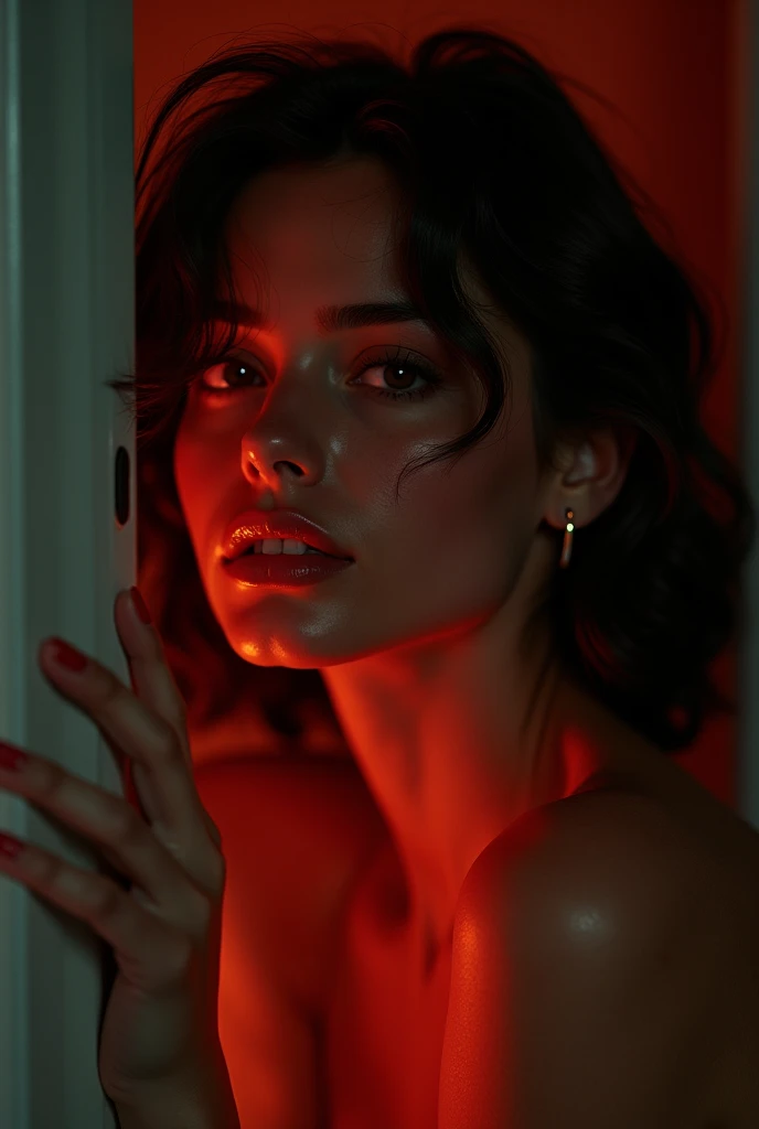 (best quality, ultra-detailed, photorealistic: 1.39), bright and vibrant colors, studio lighting, romantic expression, Just a girl on fire, Beautiful medium breasts, detailed skin, perfect lips, red lips