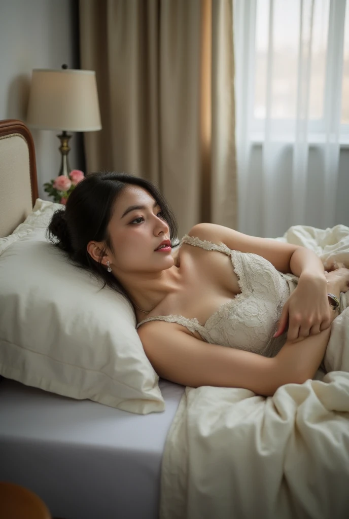 Korean woman, 21yo, beautiful detailed eyes, updo hair, deep black, wearing a white dress, gentle smile, calm expression, graceful pose, perfect skin, beautiful face, (natural sunlight: 1.1), (soft lighting: 0.9 ), (bright colors), (bokeh), (realistic ),(photorealistic:1.37),soft and beautiful colors, delicate atmosphere,comfortable bedroom setting,soft pillows,(floral patterned pillows:1.1),(elegant lace pillows: 1.1),(pastel colors),(calm atmosphere),artistic composition