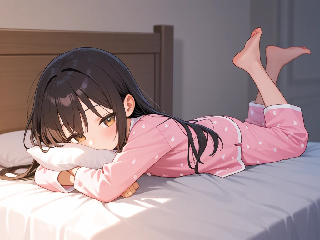 Highest quality, masterpiece, Ultra-high resolution, 8K,Show anime style , Soft Line Art, Digital Enhancement, shojo anime touch, shojo manga core, Flowing fabric, close, Soft Drawing, Ultra-Definition Digital Anime Art, Clear facial depiction, Super detailed girl cartoon character art, Ultra-detailed manga style, Highest qualityの色, 1People Women,(A woman with short brown hair), Wet Hair,Beautiful brown hair, Clear brown eyes, Slightly chubby,Small breasts,pajamas,((She is sleeping in bed with the covers on.)),I'm lying next to her in the same bed, watching her,Peaceful sleeping face,She wakes up,I call out good morning,((She was lying face down in her futon, looking sleepy, with her cheek on the pillow, facing me and smiling fondly.)),Little devil's smile,(Focus on face),(((1 picture)))