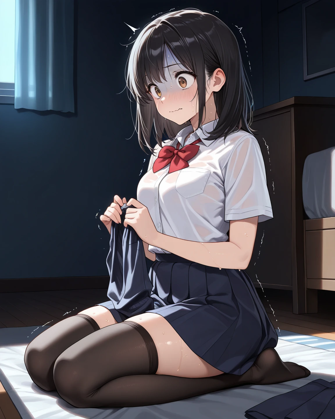masutepiece, Best Quality,Illustration, Wallpaper, ultra -detail,  Lori、(((molesting)))、Detailed eyes, Complex hairstyle、Sareme、((fear:1.5))、(Teary-eyed:1.5)、(((Cute underwear)))、(blouse、skirt by the)、ample breasts、((Morester))、((Girl being taken off her skirt by a man))