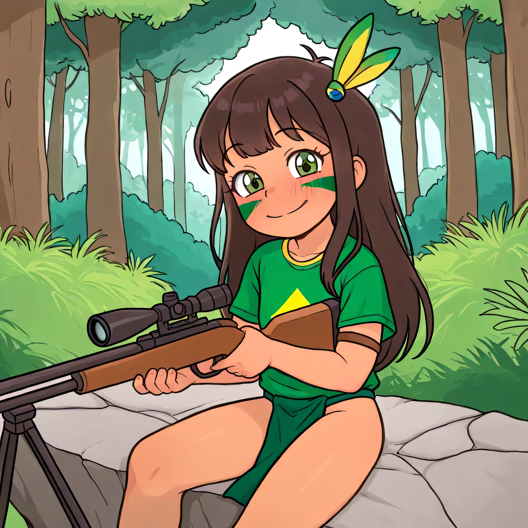 CASY8TAY, Forest, (solo, hambubufon, hambubufon 2, hambubufon 3, Best quality::2.5, artwork::2.5, Masterpiece::2.5, beautiful details, detailed eyes, eyelashes), (1loli, Young girl, kuruminha, Long shirt, Brazilian shirt, feather hair ornament, facepaint:1.4, Hair censorship:1.4, loincloth, brown armlet, long hair), Holding sniper, Smiling, mouth closed, Looking at the viewer, Sitting, 