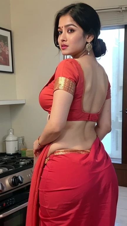 A beautiful poor married woman(voluptuous, sexy, short hair) wearing backless saree showcasing her beautiful sexy back(gorgeously delicate).