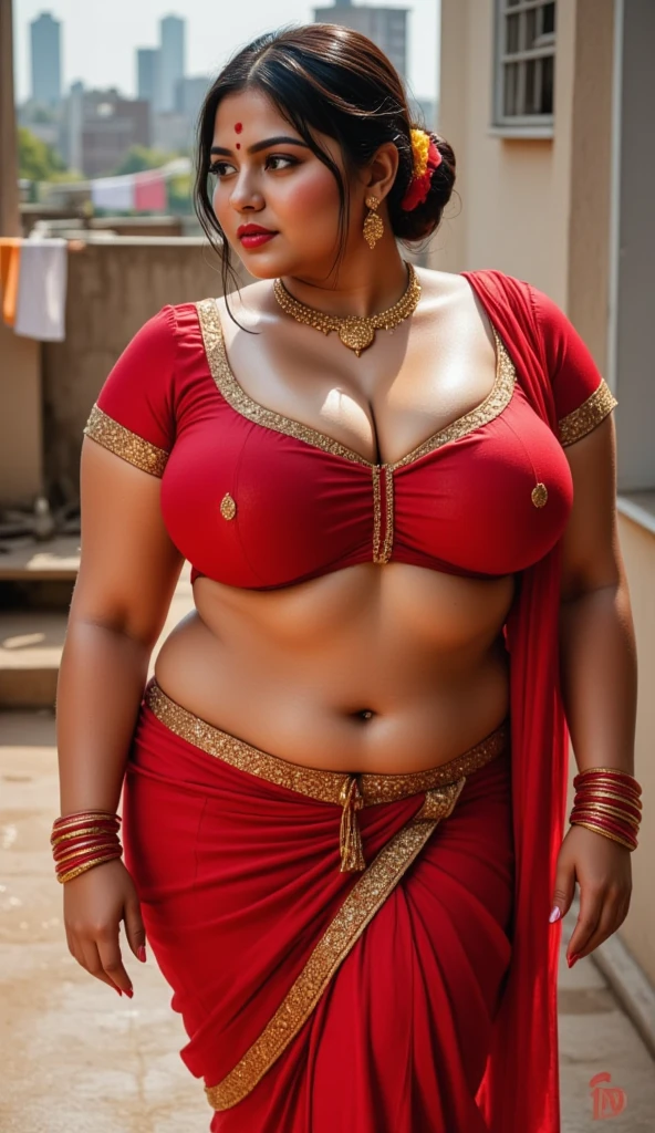 (1ultimate beautiful indian woman, black skin), hyperdetailed face, Double eyelids, brown hair, (red saree), (huge breasts:1.4), big smile, slim hips, Perfect litthing, at room, (Photorealsitic:1.4), (ultra-detailliert), (top-quality), (Best Shadows), (​masterpiece), Ultra High Resolution, (hands behind back)