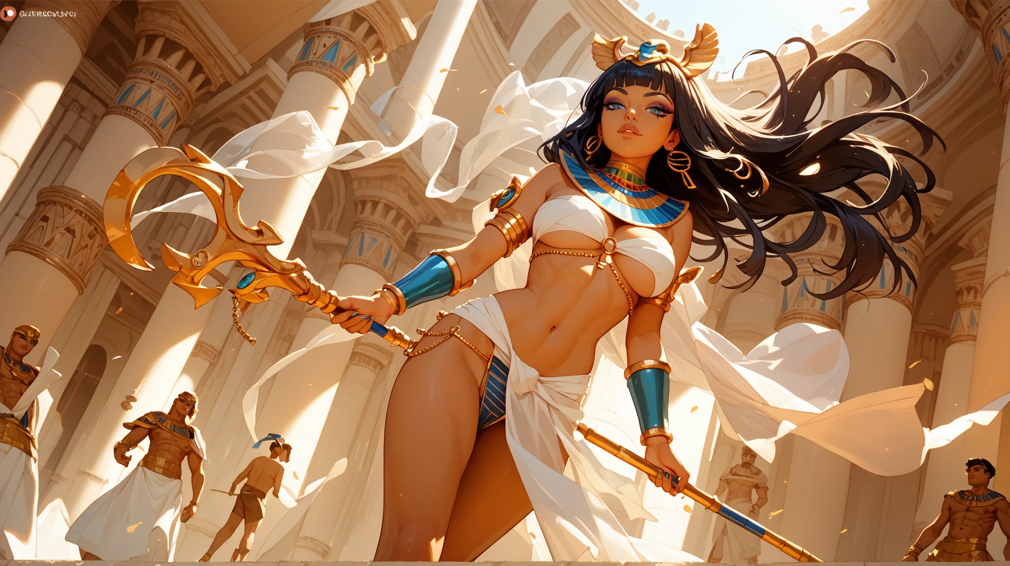 Create an illustration of Hathor, the Egyptian goddess of love, music, and joy. She stands gracefully in an ancient temple adorned with intricate hieroglyphs. Hathor wears a beautiful headdress featuring cow horns and a solar disk, and her flowing gown shimmers in the warm sunlight. Surround her with symbols of beauty and fertility, such as lotus flowers and musical instruments. Her serene and loving expression radiates a divine presence, capturing the essence of her role as a nurturing and joyous deity