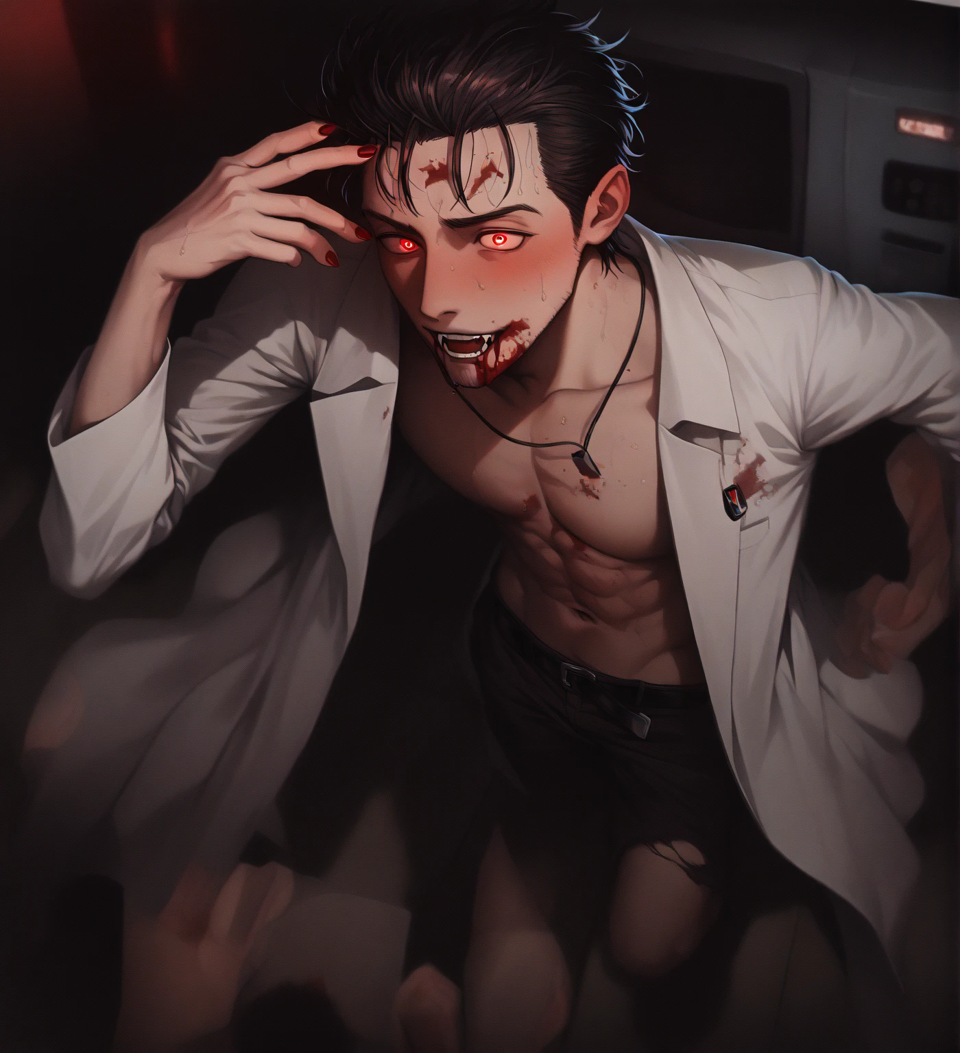 Tom Holland shirtless with a ghost face mask, blood dripping down his chest and with torn pants