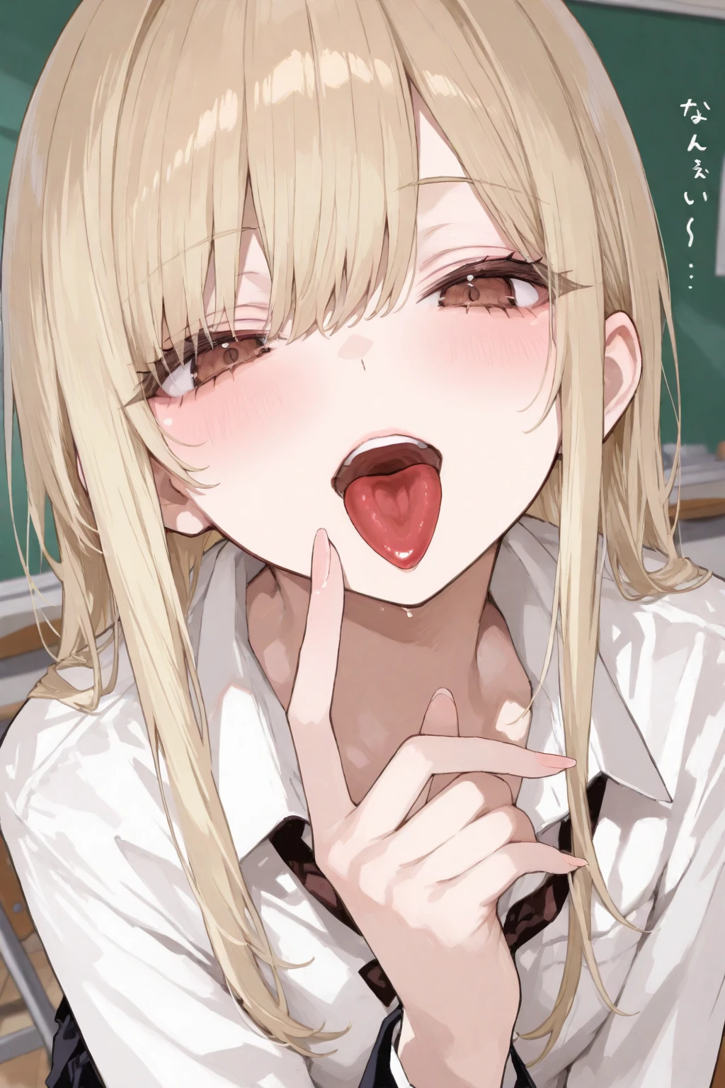 masterpiece, best quality, ultra-detailed, illustration, kawaii, detailed light, happy,, scared, tears, smile, ahegao, rolling eyes, blush, mini Highlights hair, detailed sparkling eyes, 1girl, looks from the bottom up, Model with open mouth, men's big penis is inserted into the mouth, model lips envelop the penis, Each hand holding One very realistic big penis pointed at her face, cum mouth and spits out a white-colored liquid.