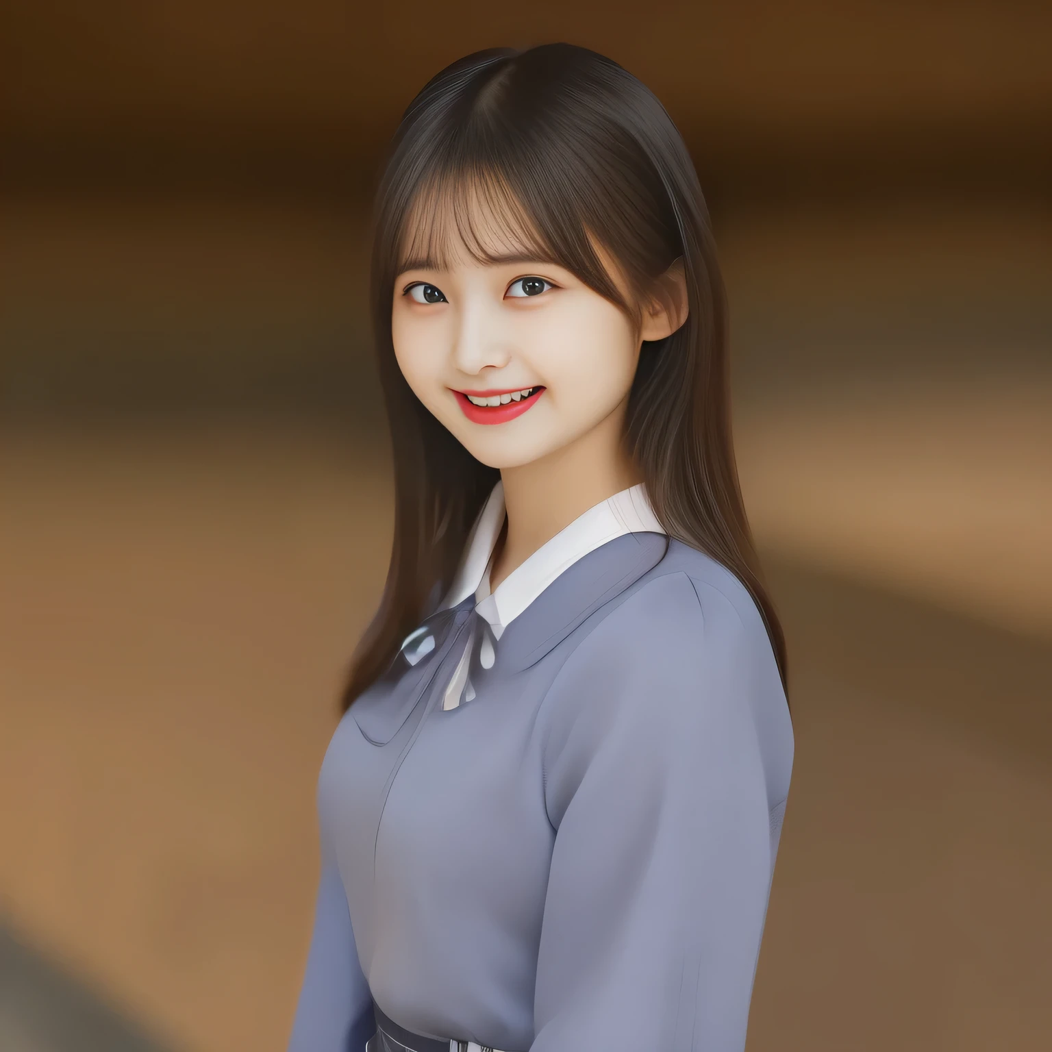 (highest quality, masterpiece, high resolution:1.2), 4K, (Too beautiful (Japanese photo model) is laughing and looking at the viewer), (pure and neatest), (Pristine blouse, Demure atmosphere, Mid-length plaid skirt, cutest bow-tie: 1.0), (Take a shot from side), (Plain blue background)