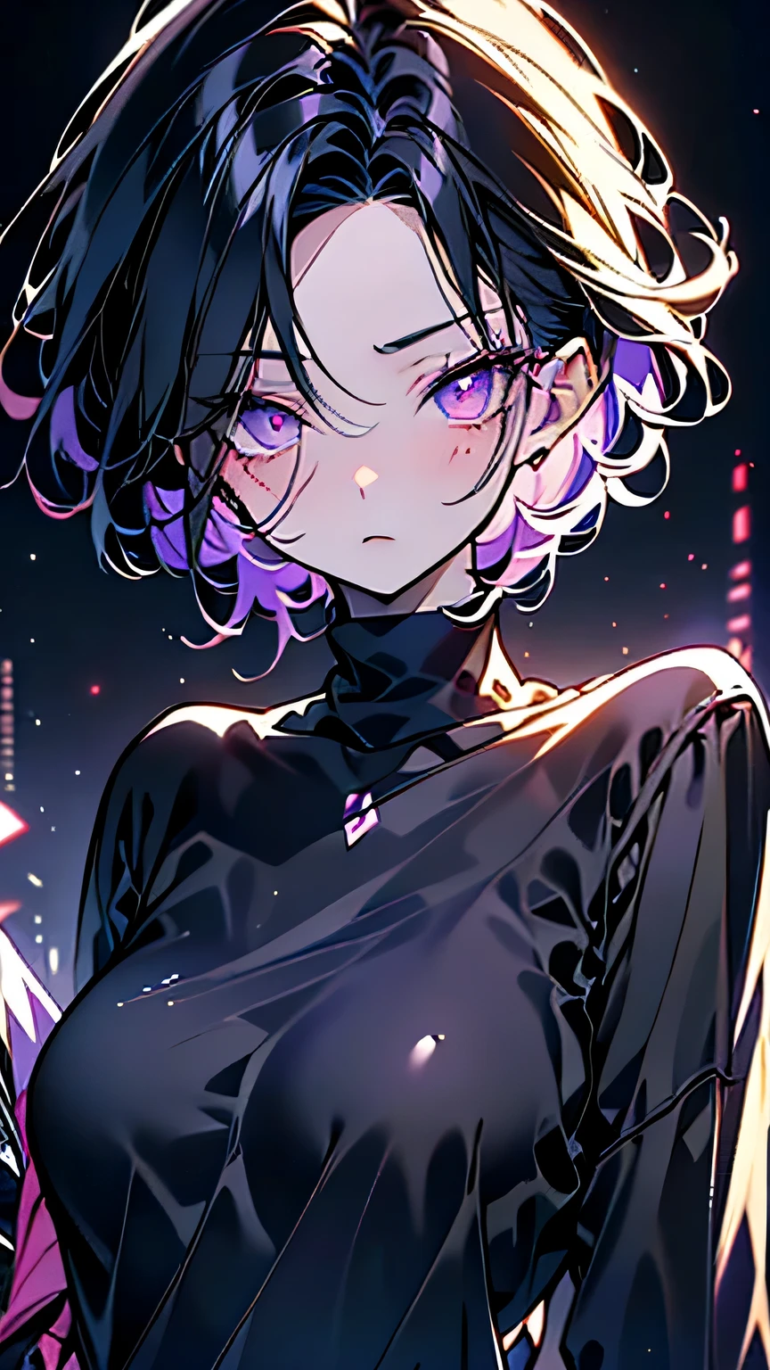work of art, best qualityer, realisitic, mature woman, cute, 25 years old, cloused mouth, portraite, extreme detailed face, soft smiling, (dark purple eyes), ((with single black hair bun), ((hair with front bangs)), [tthin eyebrows], ((light purple dress)), no-makeup, drlight smile, ear flush, light blush, short eyelashes, 4K,open air