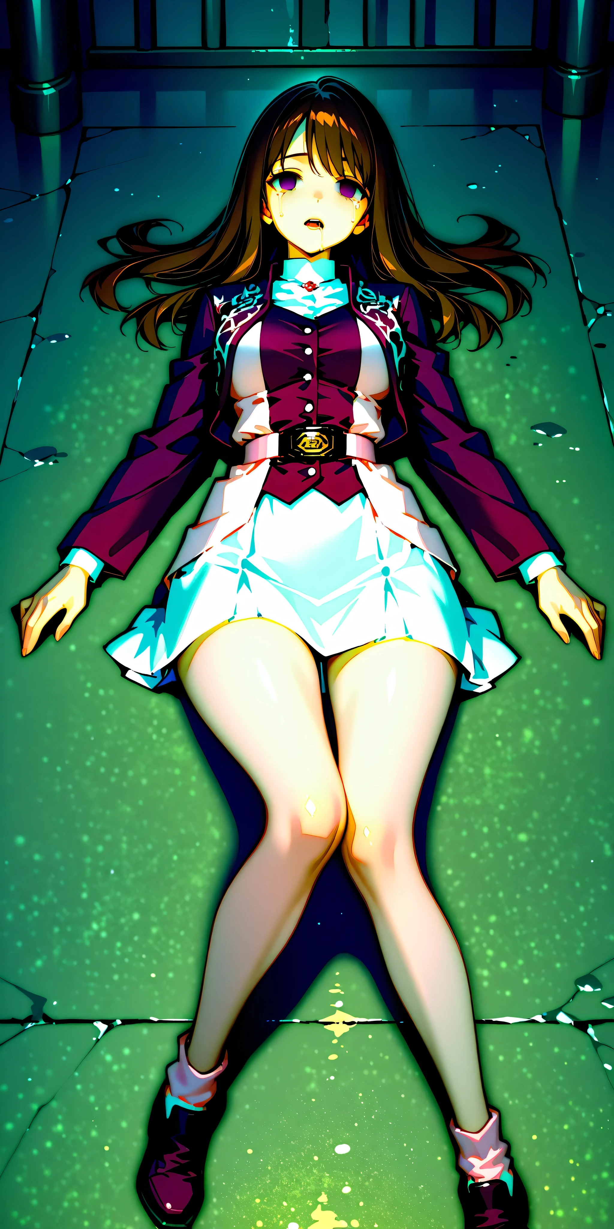 (High definition CG), (top quality), ((direct point of view)),Inside a Dark Prison,lies on the ground on her back,1 woman in the body,perfect face, wide hips, thin waist, ,purple bolero jacket,((white skirt)),long sleeve, Pink Belt, straight and long hair , brown hair, ((( empty eyes ))),are crying,open your mouth,Spread your legs,lies on the ground on her back,