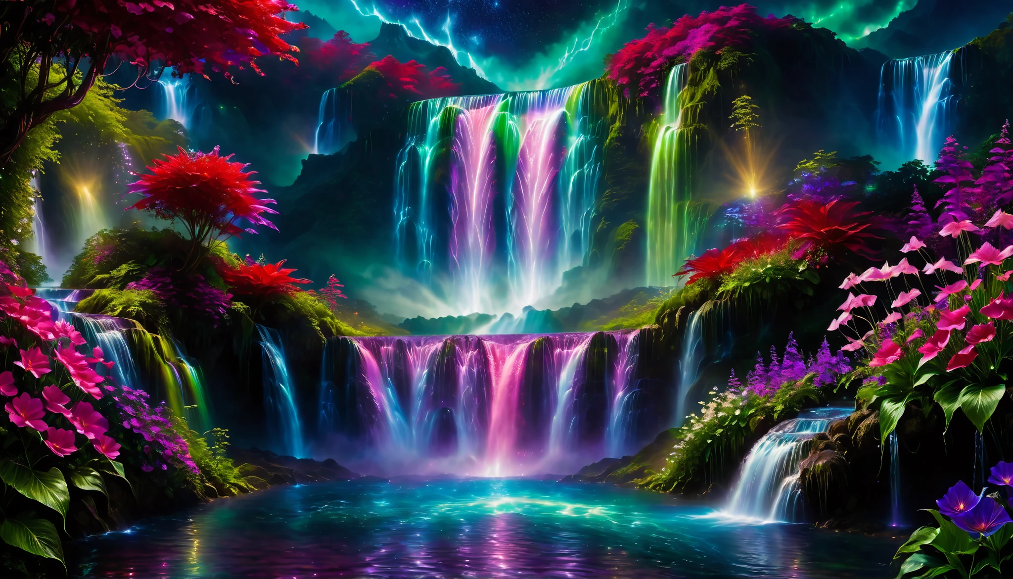Shiny purple |Pink|blue waterfall amongst strange magic flowers, At night, glowing fairy lights , magic, High quality fairyland waterfall, Realistic Water, ripple, 8k,(A mysterious and majestic large waterfall that can be seen behind:1.5),landscape photos of the most beautiful countries in the world,(big blue, purple, red, and green flowers are in full bloom:1.5),
