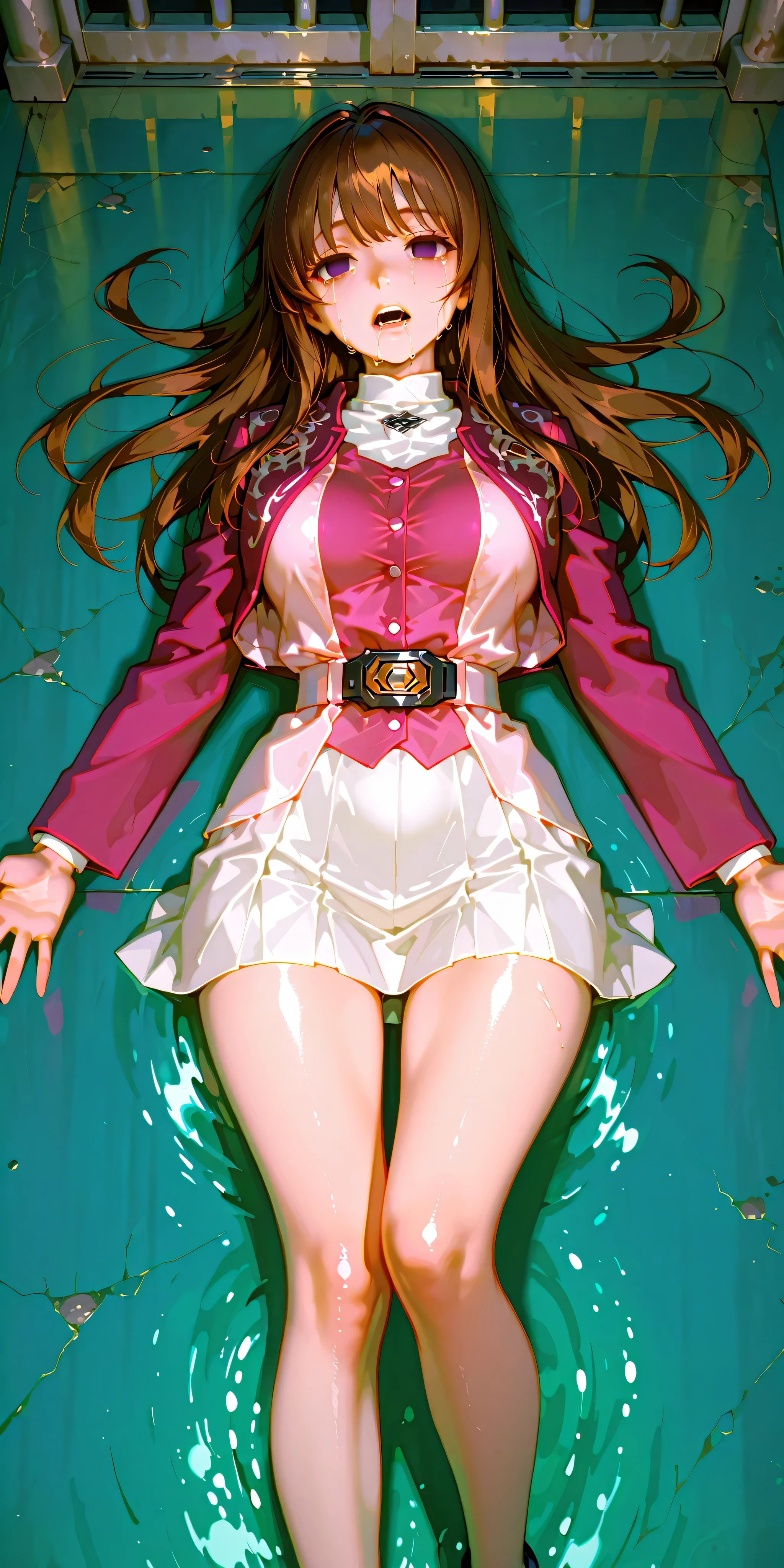 (High definition CG), (top quality), ((direct point of view)),Inside a Dark Prison,lies on the ground on her back,1 woman in the body,perfect face, wide hips, thin waist, ,purple bolero jacket,((white skirt)),long sleeve, Pink Belt, straight and long hair , brown hair, ((( empty eyes ))),are crying,open your mouth,Spread your legs,lies on the ground on her back,