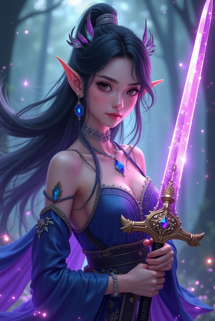 A magical warrior who uses magic in the mysterious Amethyst Forest. Wide perspective, see the scenery