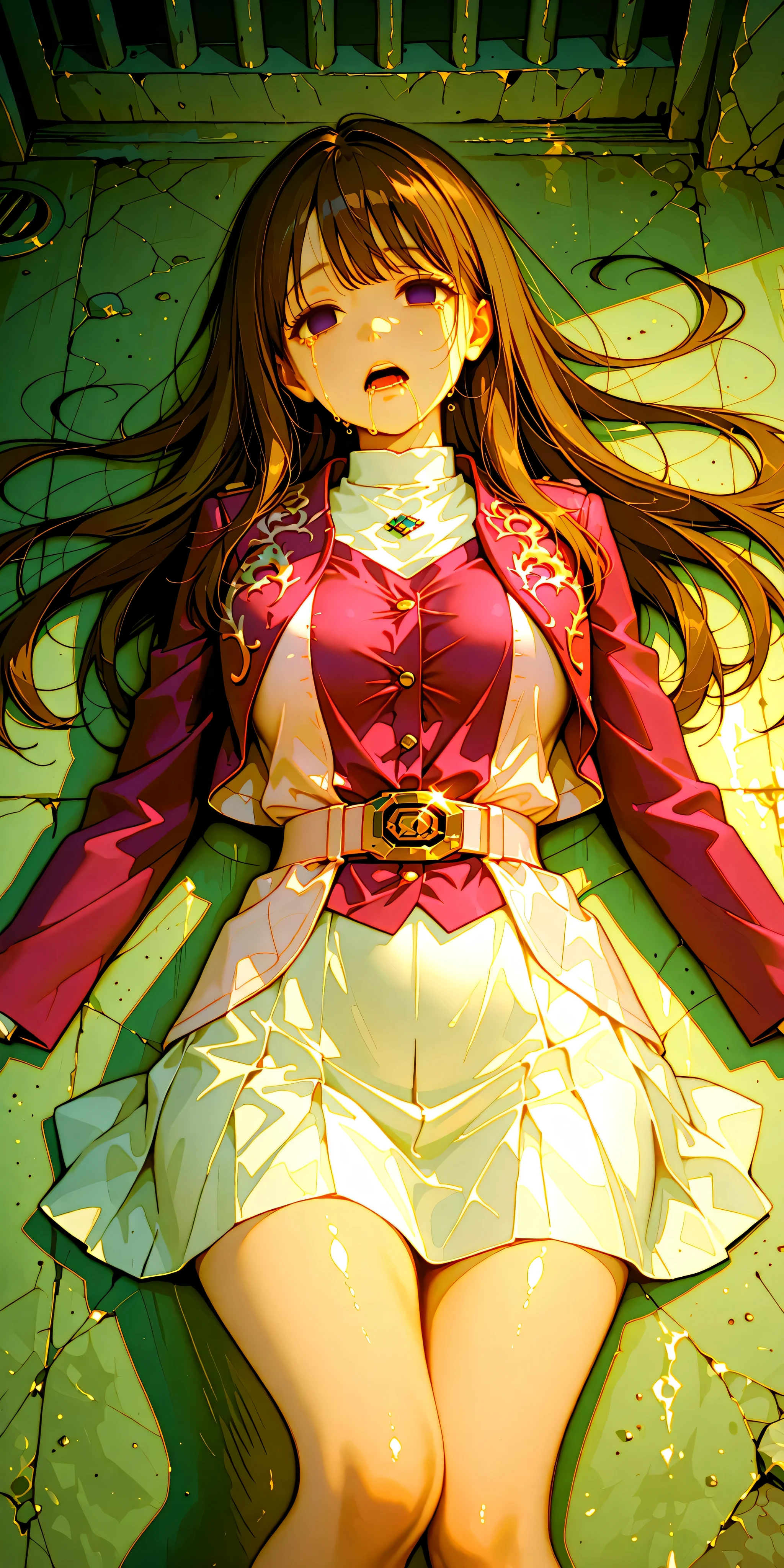(High definition CG), (top quality), ((direct point of view)),Inside a Dark Prison,lies on the ground on her back,1 woman in the body,perfect face, wide hips, thin waist, ,purple bolero jacket,((white skirt)),long sleeve, Pink Belt, straight and long hair , brown hair, ((( empty eyes ))),are crying,open your mouth,Spread your legs,lies on the ground on her back,