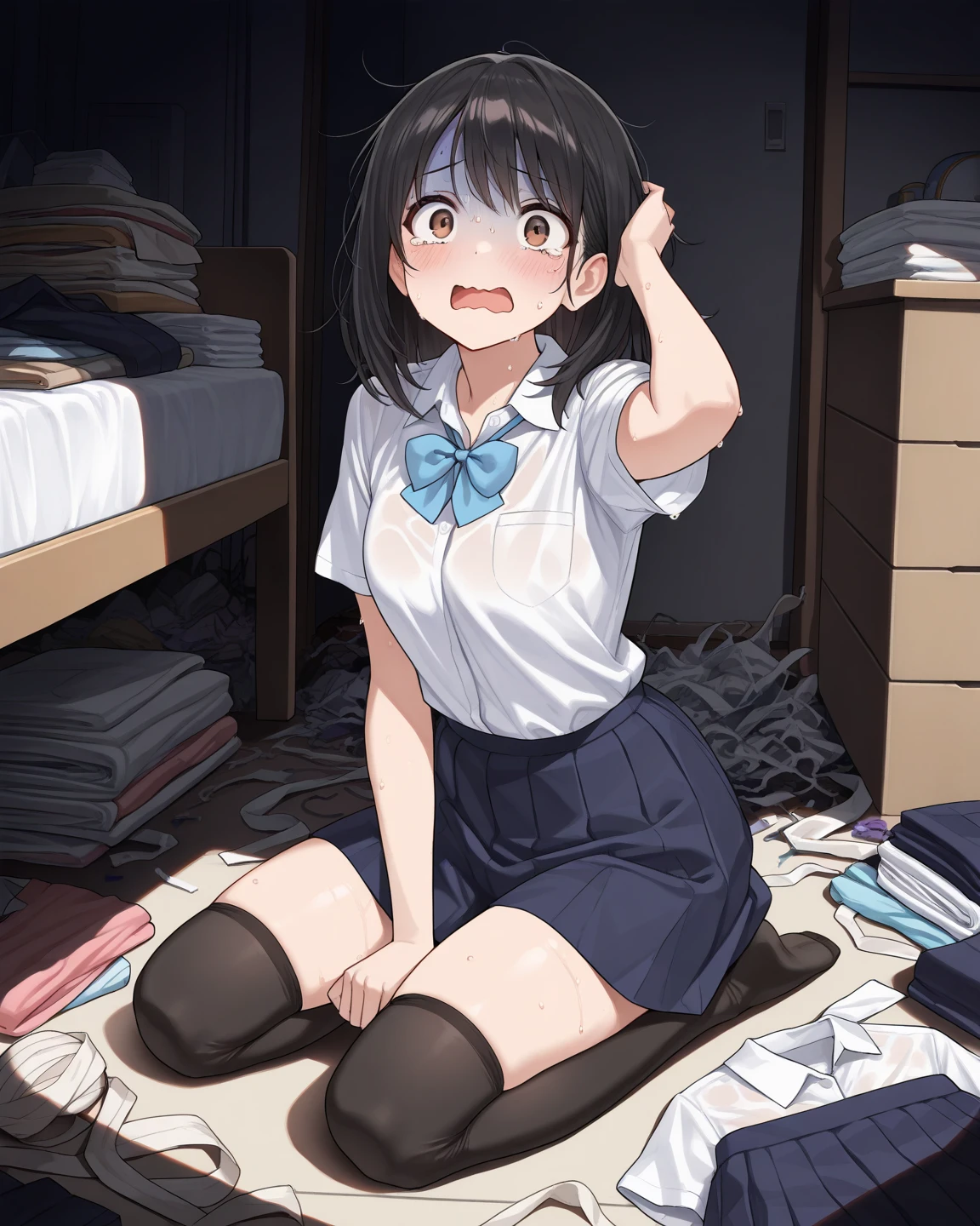 (1) There is one woman.
(2) A woman falls and hits her butt, and you can see her white panties.
(3) woman wearing v-neck knit, miniskirt and knee socks.
(4) she has medium length hair.
(5) The location is a room full of cardboard boxes during the move..