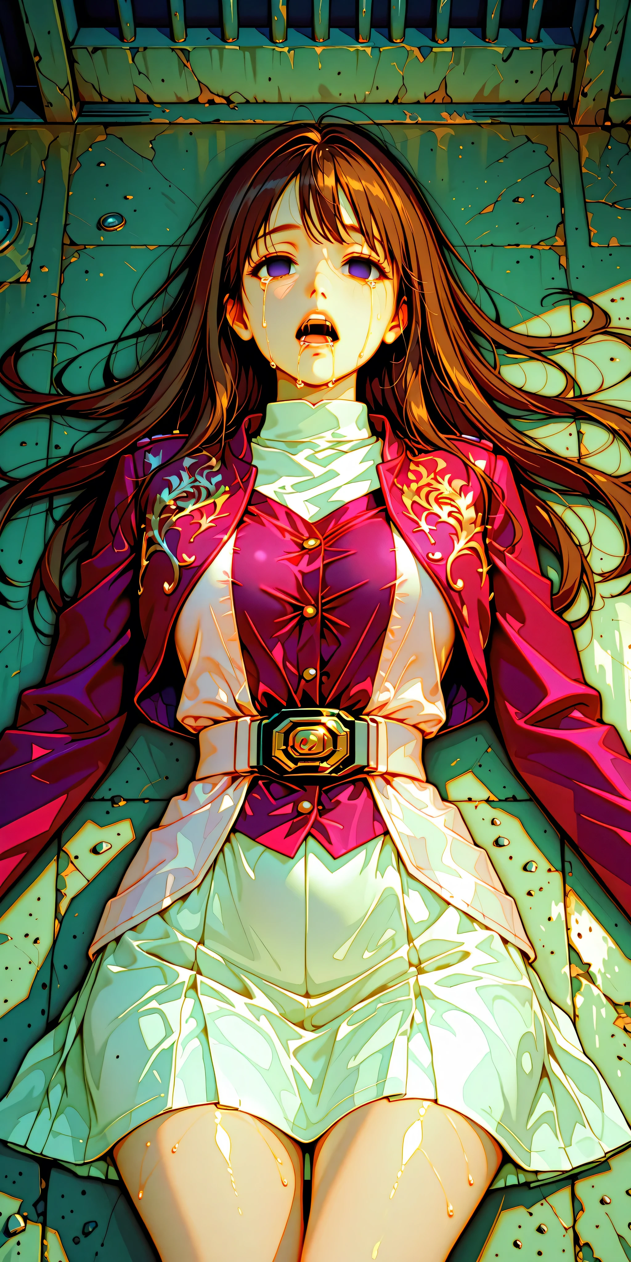 (High definition CG), (top quality), ((direct point of view)),Inside a Dark Prison,lies on the ground on her back,1 woman in the body,perfect face, wide hips, thin waist, ,purple bolero jacket,((white skirt)),long sleeve, Pink Belt, straight and long hair , brown hair, ((( empty eyes ))),are crying,open your mouth,Spread your legs,lies on the ground on her back,
