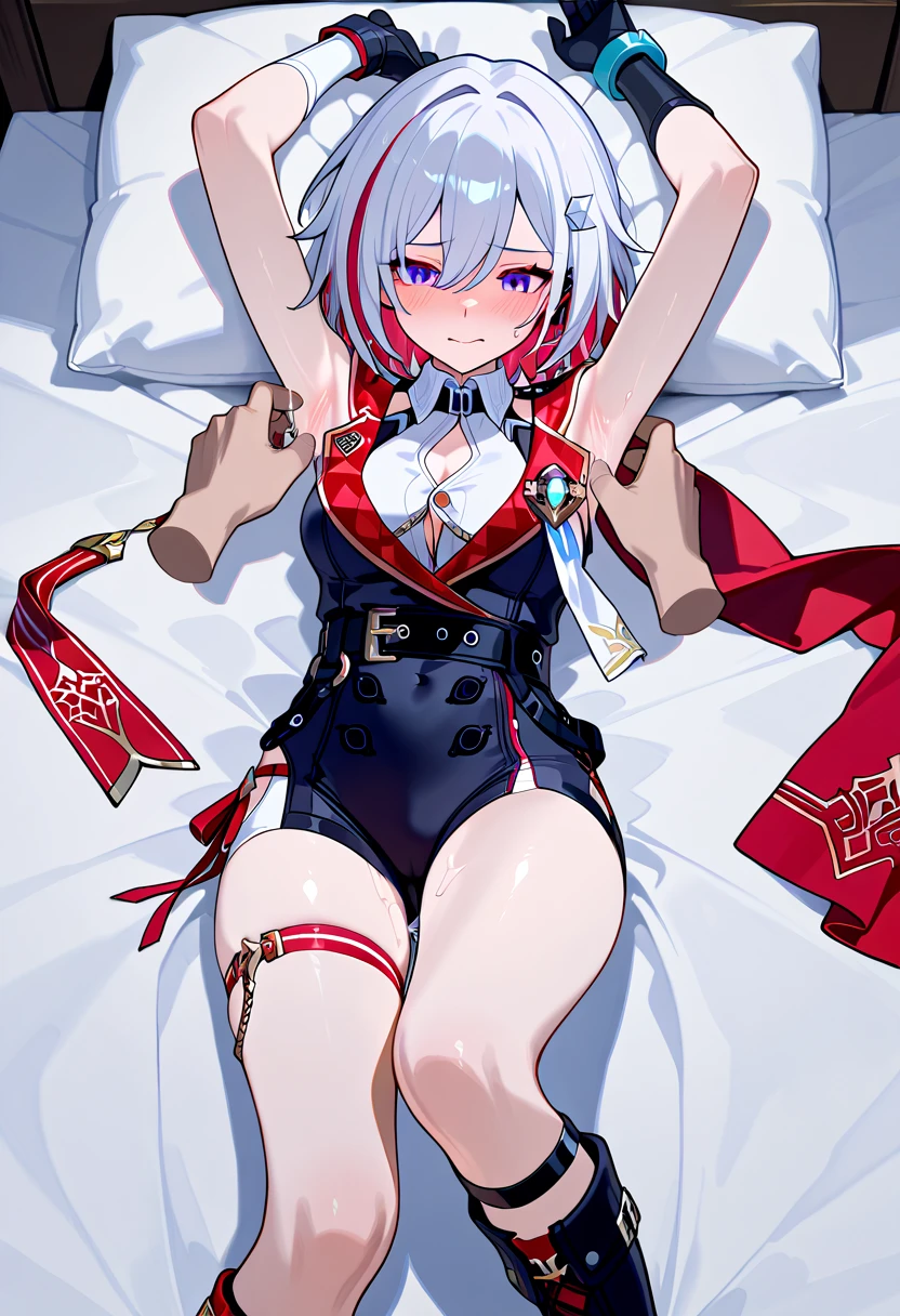 (Extremely detailed CG unified 8k wallpaper),(masterpiece), (best quality), (Super detailed), (Best Best Illustration),(best shadow),The girl was lying on the bed,Girl raises her hands above her head,The girl's arms are tied together with rope,The legs are widely spread,The girl spreads her legs,Reluctant expressions,There are teardrops in the corners of the eyes