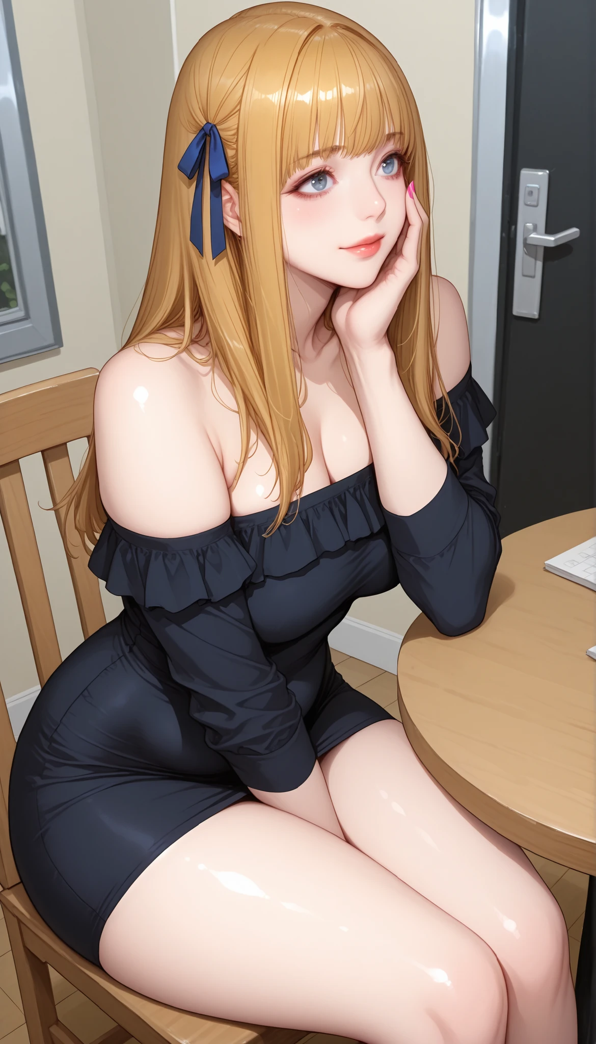 (PONY XL) Liya - FITNESS [ MANHWA], gorgeous pretty adult woman with orange-blonde long hair, forehead hair bangs, big blue eyes, fair natural skin, pink nails, small yet slightly plump breasts, small waist, plump light-red lips, and a perfect slender body. She's wearing a revealing mini short off-shoulder tube black dress with attached long tight palm-length sleeves and straight neckline, and one hair ribbon on the side. She's sitting with her legs perfectly crossed one over the other on a table's chair, leaning forward, looking at her side, one hand palm over one cheek, soft smile, and is in a big living room. Show from her head to knee, SOLO, and super hyper-detailed.