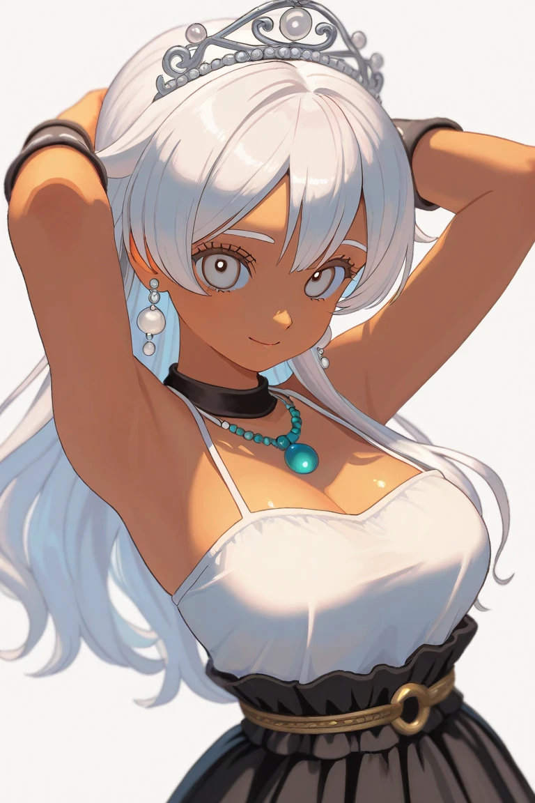 one-girl,Off-the-shoulder attire,White color hair,Golden eyes,ssmile,cleavage,closeup cleavage,Red horns