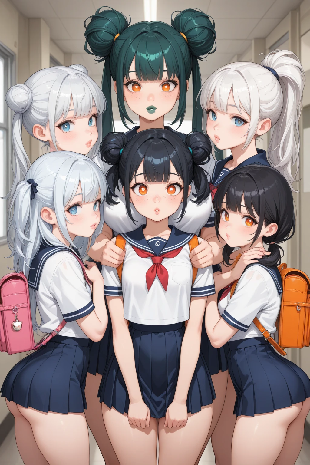 (master piece, high quality), (multiple girls), 14yo,  locker room, (white panties), school shirt, (group selfie), wide angle, soft light,Press against chest,Crushed chest,crotch grab,A girl is masturbating

