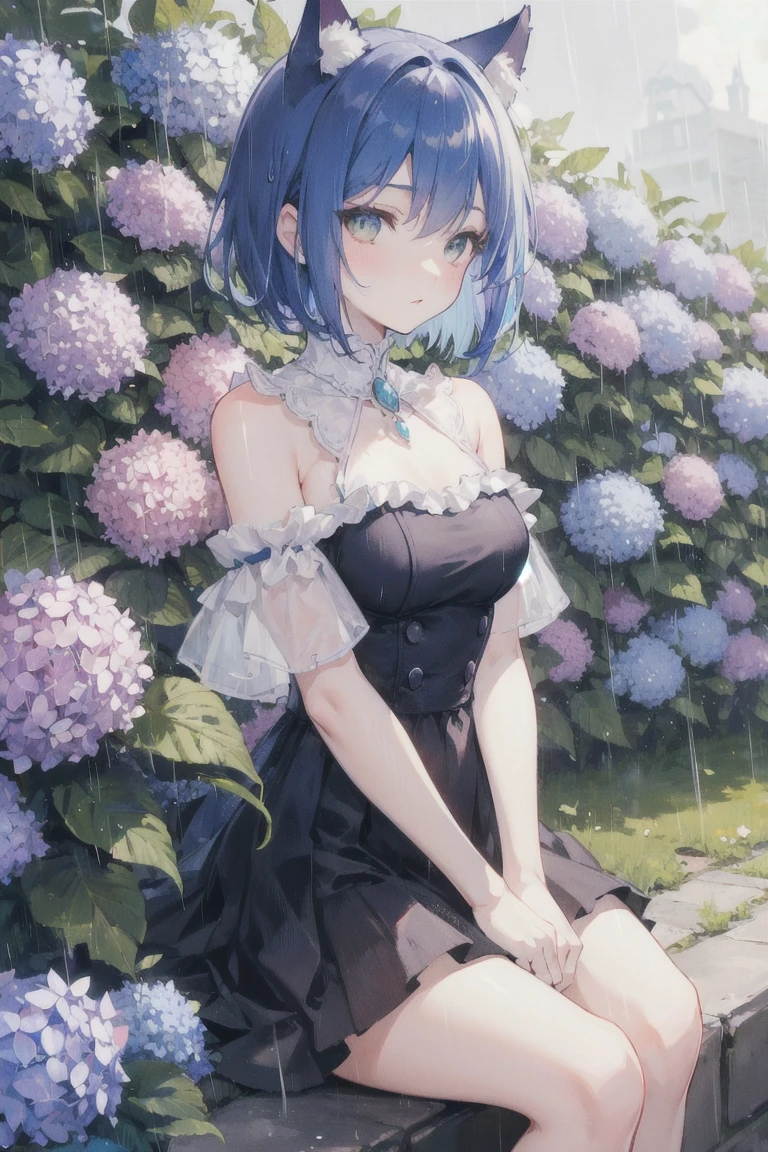 Girl short hair Blue hair Blue eyes Blue matching Smile confidently Correct limbs, black sundress, outdoor park background, sitting on bench, hands on her own chest 