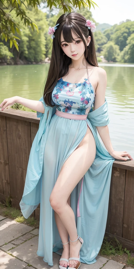 Fashion model 25 years old [[[[closeup cleavage]]]], [[[[boobgasm]]]], [[[[coll]]]], [[[[bshoulders]]]], perfect  eyes, Perfect iris，Perfect lips，perfect teeth，Perfect skin，Slender face，Soft front light，hdr，Movie girl，Casual，The background is green trees and fields；（pastel colour：1.2）