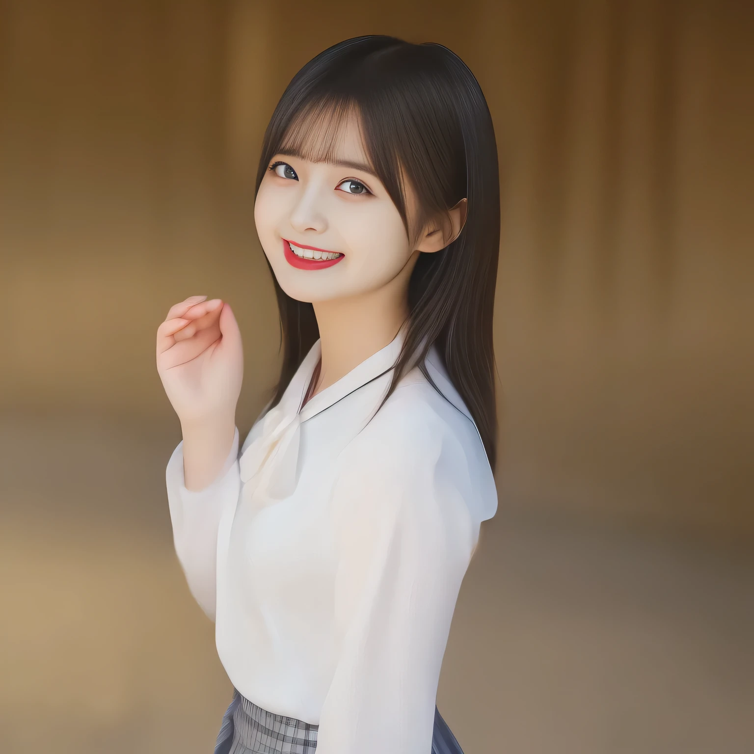 (highest quality, masterpiece, high resolution:1.2), 4K, (Too beautiful (Japanese photo model) is laughing and looking at the viewer), (pure and neatest), (Pristine white silk blouse, Demure atmosphere, Mid-length navy plaid skirt, cutest striped shiny blue bow-tie: 1.0), (Beautiful well-done long hair), (Take a shot from side), (Noting but plain blue background: 1.0)