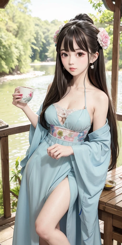 masterpiece，Film Style，True natural light，Beautiful attractive woman in luxurious transparent robe having a happy mood，Oriental elements robe、apron（Clothing is transparent1.2） Low waist and high legs, Brown hair ,Perfect face and body ,Intricate chain jewellery strap, beautiful，Standard breasts, Toned thighs，medium to long shot ,Holding a coffee cup，red legwear，Woods Creek、Sit gracefully，On stone