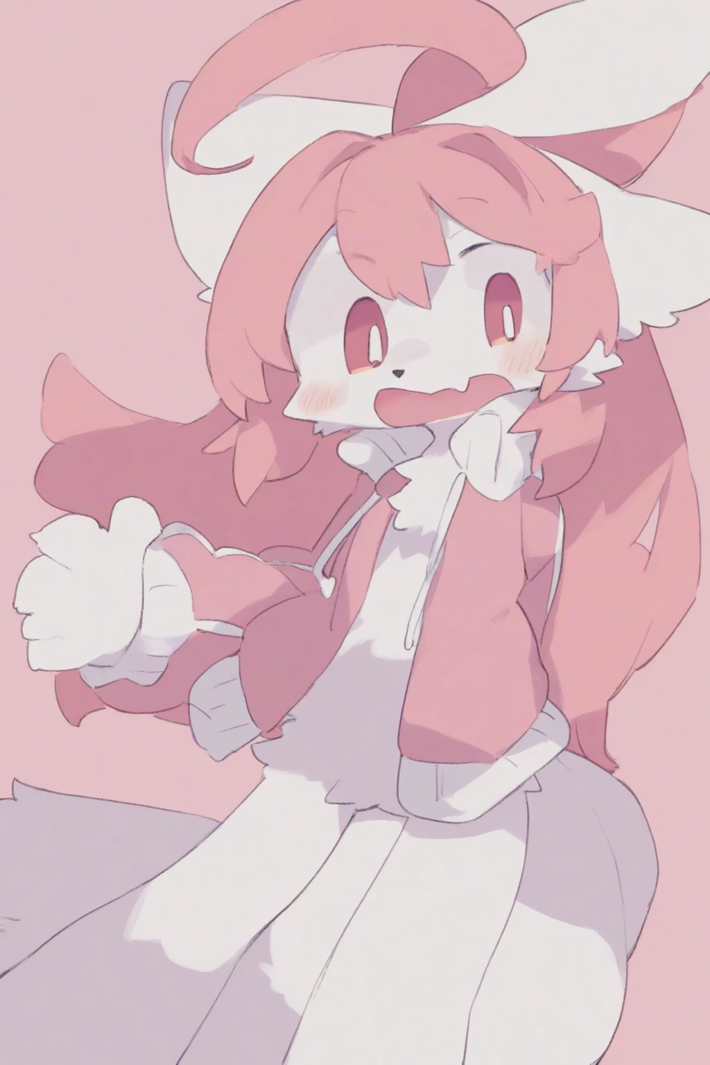 Nazuna_hiwatashi, furry, furry female, white skin, (high quality), flat chest, tail, smile, red eyes, outside, pussy, pink hair, multicolored hair