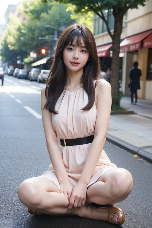 masterpiece、Highest quality、whole body、One Girl、bangs、Japanese、黒髪のLong Hair、Long Hair、Gazing at the audience、Dot pattern、Tank top、Cafe、Chair、smile、alone、Stylish woman、Pastel colored outfits、front、Luxury background elements、Confident expression、Modern and trendy、Fashion focused
