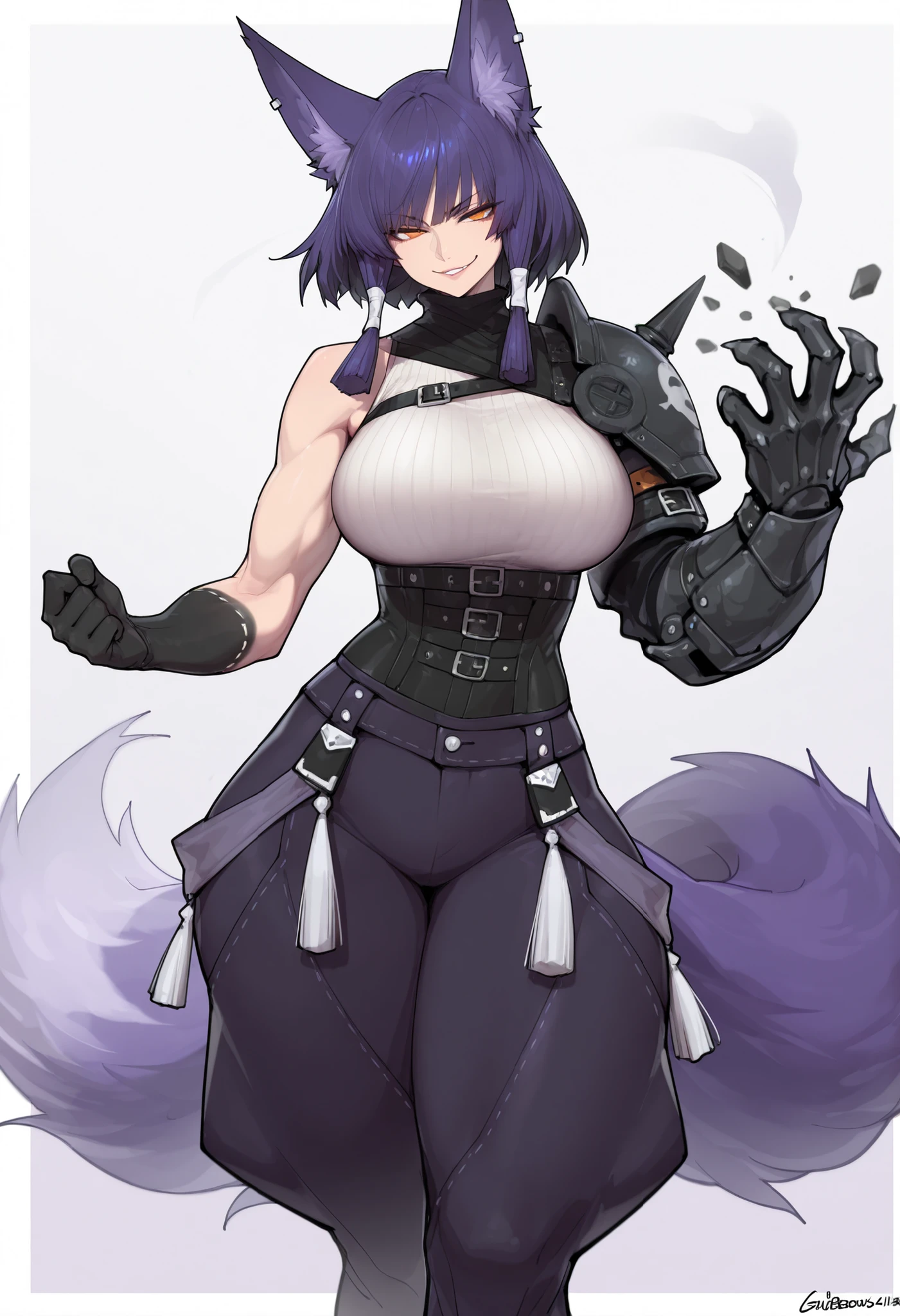 gorgeous kitsune girl, beautiful face, kitsune, hair of ash-purple color, beautiful woman, orange eyes, slit pupils, volputrous body, toned woman, curvy and athletic, fox ears, short hair, white ribbed sleeveless sweater, leather underbust, chest belt, buggy pants, single pauldron, single vambrace, single gauntlet, black hands, sly smile, attractive proportions, defined athletic arms and legs, athletic lanky body, fox ears, calm dominant expression, hair tubes, half-closed eyes, large breasts, tall, huntress, BREAK, masterpiece, ultra detailed, high quality, ultra definition, simple white background