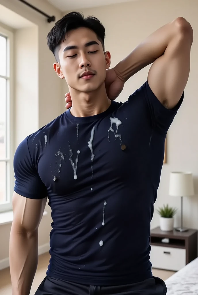Handsome Japanese male model 17 years old Black Hair Beautiful Skin Slim and muscular face shoulder, nude, cum on chest and stomach, Photo slightly subtracted 童faceでカメラを見る no background Upper body