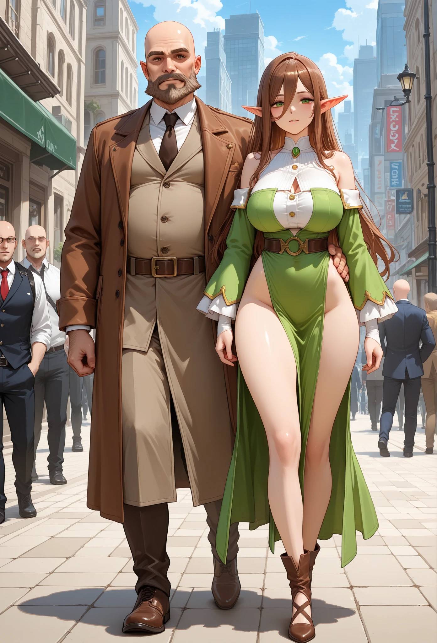 (Full body image: 1.5), completely packed bus with several men around Princess Zelda in Ultraman costume, squeezing her body, furry old man with bearded 90-year-old glasses holding her from behind. She has huge breasts, [hair|short|red:1], [eyes|green:1], her look has a black shirt with white shot and white corset. They are around her to cover up the old man della's actions. She's happy giving a beautiful smile and showing off. Anime style, (16k:1.5), (highly detailed), (maximum quality), (maximum resolution), sharp focus.
