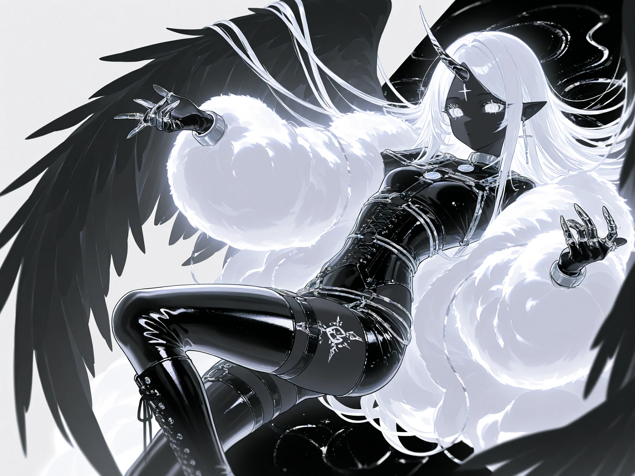 The girl is a fallen Seraph. Her long straight hair is jet black, highlighted with white strands,half bangs ower her eyes. her eyes are dark black with white crosses pupils. She has black-grey skin and pointed ears. on her skin she has a tattoo of the silver cross. (One single Unicorn horn in center of her forehead) In the center of her forehead she has a one black unicorn-horn decorated with silver chains. She is wearing a black bdsm catsuit with short shorts. She wearing a white short fur coat with fur high collar and fur sleeves. She wears high hip-length patent leather boots with straps. She wears on her head a black patent leather cap. She is wearing silicone black gloves with silver claw rings. She wears a BDSM bondage set of : silver chest ribs harness , garters, corset, choker, made of silver and leather straps with inverted crosses pendants . She has six monochrome wings on her back, three black wings and three white wings. In the background: A white temple on clouds, made in the Greek style,white heavenly city among the clouds.