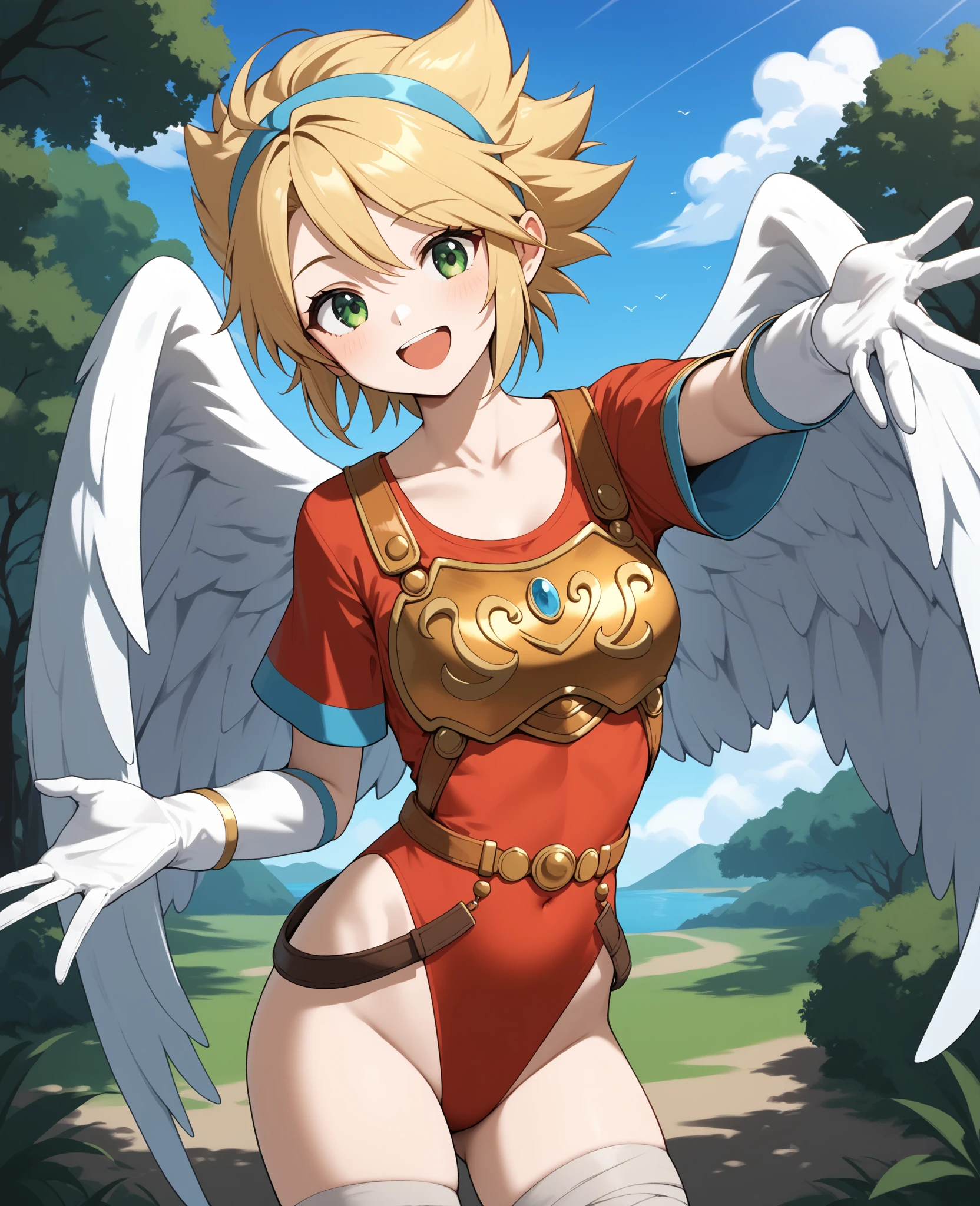 masterpiece, best quality, highres, aanina, blonde hair, short hair, floating hair, hairband, green eyes, feathered wings, white wings, armor, red leotard, red shirt, belt, elbow gloves, white gloves, bandages, thighhighs, <lora:nina_bof1_v1:0.8>, smile, arms behind back, standing, cherry blossoms, outdoors, bent over,