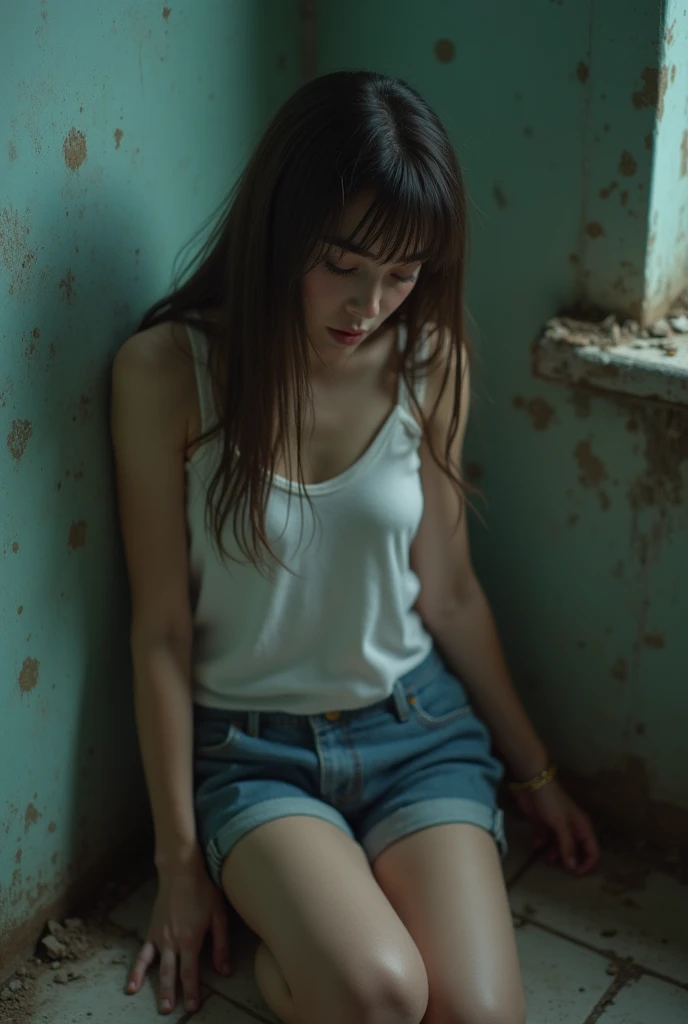 Early twenties woman, laying on floor in the corner,  crying, bruised face and body, torn shirt, pants forcibly pulled off.