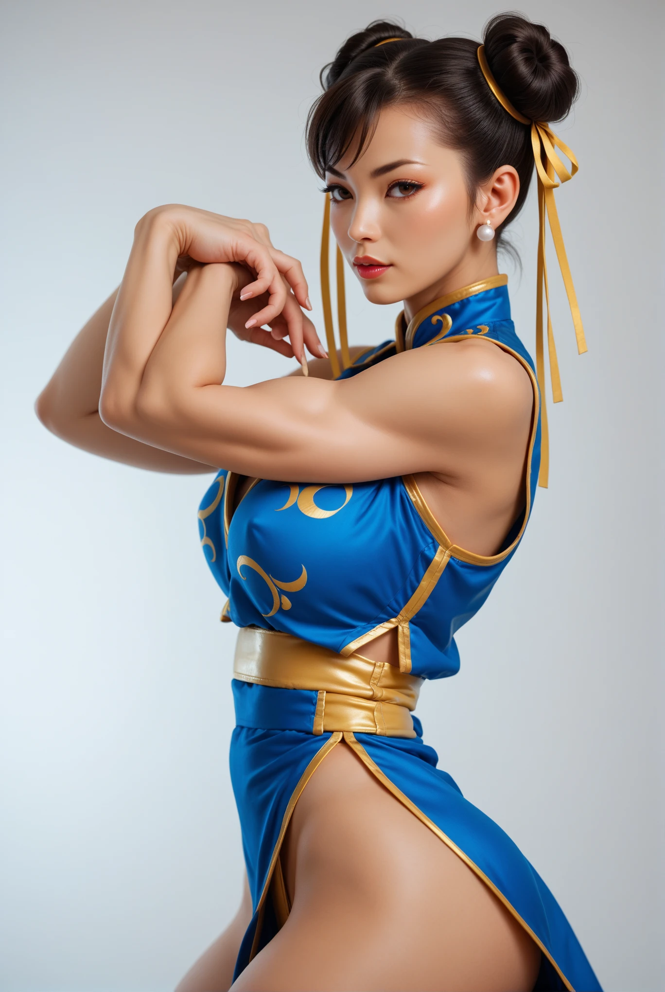 《Street Fight II》Chunli, Perfect Chunli Costume, Blue and gold Chinese dress, Bunhead, Good cover, Combat Stance, High kick, kick、Please put your feet up, 1 beautiful girl、Beautiful Eyes、Detailed eyes, (reality: 1.4), Light、so beautiful、Beautiful Skin、Detailed skin, Turn your body forward、(Ultra-realistic)、(8k)、(Very detailed)、(Beautiful Eyes)、(Very detailed)、 (wall-)、Delicate face、Bright Light、Professional Lighting、direct view、Perfect Face, Perfect brown eyes with white sclera, Bad move - 5, Lonely, 1 girl, Upper Body, Brown Hair, From SF2, Muscular woman, Blue clothes, pantyhose, Pelvic Curtain, Short sleeve, Good cover, evaluate: The line of sight is thiasterpiece, 最high quality, high quality, High resolution, Big Tits, Antarctic background