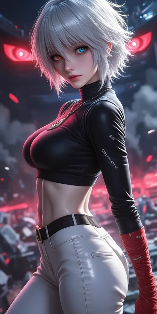 Ultra high quality，8K，Giant Breast Girl，Sexy and feminine, high and cold，Dark beauty，Enchanting，The head proportions are perfect，Gray hair，Wear a sweatshirt monogram print, Short red high-waisted skirt，Flaming red lips，Swan neck，chokers，O sol brilha intensamente，smallbreast，