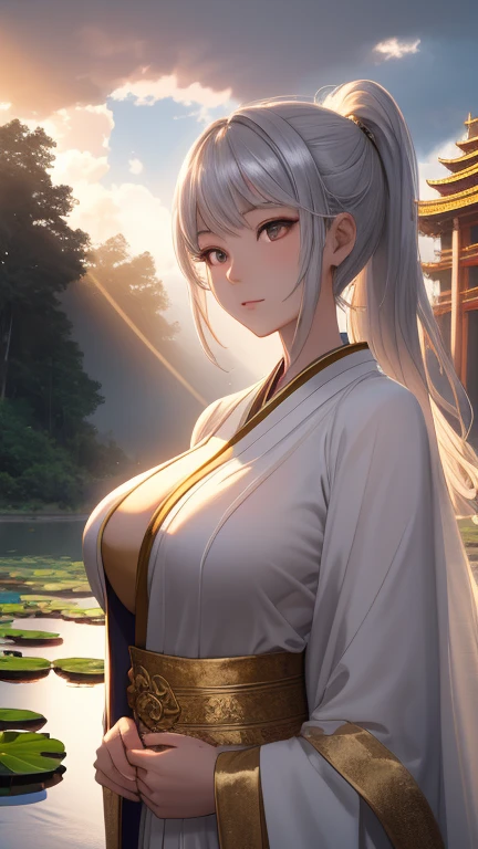 (8K, Best Quality, Masterpiece: 1.2), (Photorealistic), Ultra High Definition, Single Woman, Sexy, Solo, Fox Personification, (Full Face Blush), (Embarassed But Happy: 1.4), Learning Forward, Big Breasts, Cleavage, Tongue Out, Yellow Eyes, (Yellow and White Kimono: 1.1), (Silver Long Hair: 1.3), upper body, low angle, autumn morning, yellow skin, yellow at the tips only, (yellow kimono), Fushimi Inari Taisha Shrine, Ghibli, cleavage, hair ornament, necklace