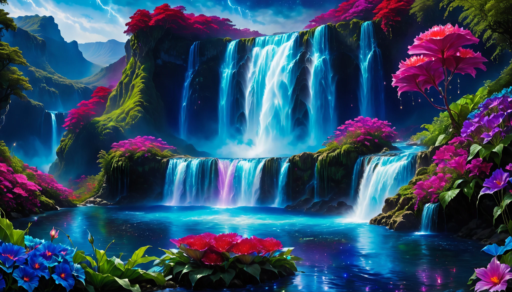 Shiny purple |Pink|blue waterfall amongst strange magic flowers, At night, glowing fairy lights , magic, High quality fairyland waterfall, Realistic Water, ripple, 8k,(A mysterious and majestic large waterfall that can be seen behind:1.5),landscape photos of the most beautiful countries in the world,(large cobalt blue,turquoise blue, purple, red, and green flowers are in full bloom:1.5),