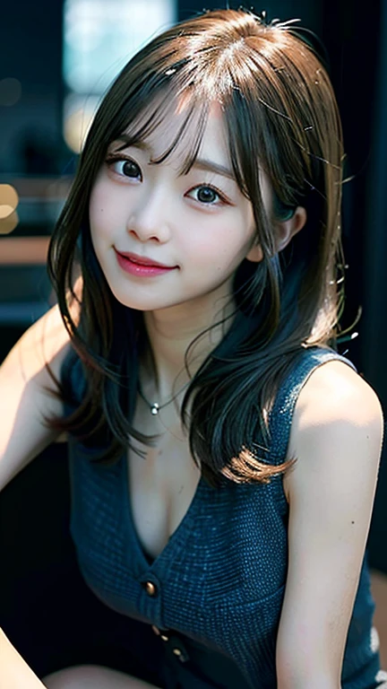 highest quality, shape, Very detailed, finely, High resolution, 8k wallpaper, Perfect dynamic composition, Beautiful and detailed, Summer clothes,Medium Hair,Natural color lip,smile,20-year-old girl、Midnight、Beautiful and elaborate face、Perfect and beautiful face、Slim face and figure,spread your arms wide,Big eyes,Take a photo with your face raised from below your knees、Small face、Beautifully detailed face、Perfect and beautiful double eyelids、Big cleavage、Long, slender legs、One Woman、gravure、Skinny jeans、Watching the audience、Arena