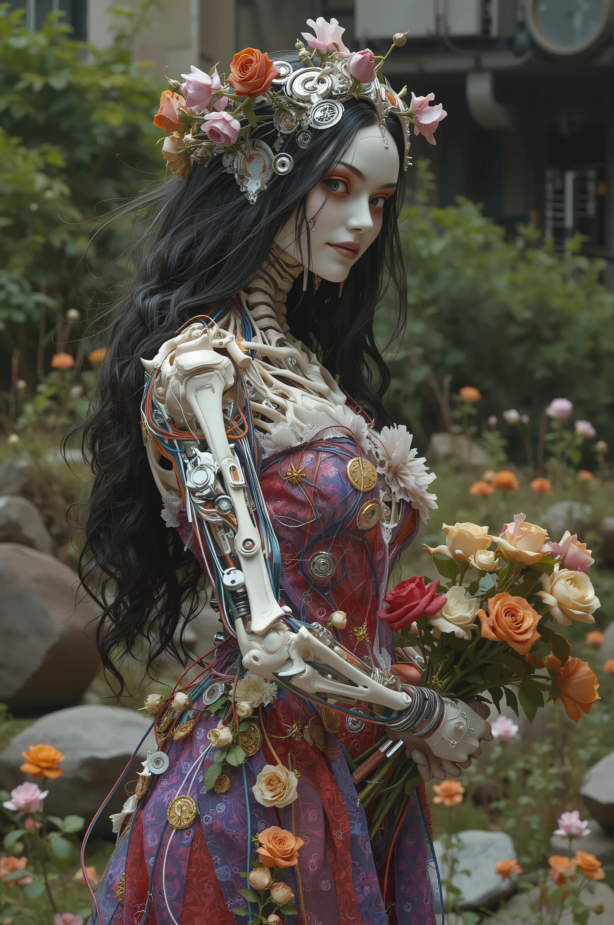 Ultra-realistic, photo-realistic, iconic characters, cinematic photography, cinematography, realistic, hyperrealistic, icon style. A female figure with a striking skeletal frame that creates a dramatic and surreal impression. The pale skin stretches over the sinewy structure of the shoulders and neck, while the visible ribs emphasize a skeletal motif. Soft lighting highlights the porcelain-like color of the skin, which is adorned with a series of elegant metal ornaments along the shoulders and arms. The deep red and violet attire, frayed and ornate around the edges, contrasts starkly against the pale skin, adding a pop of color and enhancing the eerie mood. Wisps of hair cascade in waves, adding softness to the overall angular and macabre composition. The atmosphere is one of haunting elegance, with a somber undertone that blends elements of fantasy and the grotesque.there is a woman with a strange head and a body made of bones, circuitboards, wires, and flowers, 4k highly detailed digital art, humanoids overgrown with flowers, humanoid flora, highly detailed art, 4k detailed digital art, mechanical vegetal cyborg, detailed painting, detailed fantasy digital art, detailed fantasy art, highly detailed fantasy art, psychedelic organic cyborgIn a surreal, fantastical portrait, an intricate humanoid figure stands surrounded by a lush garden of vibrant roses. The figure's form is a complex, mesmerizing blend of organic and mechanical elements, with skin resembling ivory porcelain intertwined with a network of exposed wires, gears, and botanical motifs. Many colorful wires can be seen on her, acting as pulleys and hinges, keeping the body's parts connected together. The head is adorned with an elaborate headdress of cables and roots twisting together flowers and other foliage, creating an otherworldly crown. Large, wide-set eyes and a skeletal grin give the face a haunting yet whimsical expression. Brightly colored flowers and ornaments are embedded in the body, adding an enchanting touch of life. The background features an overgrown metropolis that looks many decades post apocalyptic with an almost dreamlike ambiance. The scene captures an exquisite blend of nature and machinery in a symphony of artistic imagination, evoking themes of transformation and the merging technology and the natural world. She wears violet and scarlet webbing that acts as a gown. It is richly adorned with intricate details and white ruffles, drawing the eye with its striking contrast against the subdued background. Her dark, flowing hair cascades over her shoulders, complementing the dramatic ambiance. She holds a bouquet of flowers bound together, giving the impression she has picked these flowers, stuffed many into her own frame, that is now overflowing with them has made a headress and is still collecting them. The violet of the dress is in beautiful contrast to the red, white, orange, and green of the fliwers she holds. This gothic atmosphere is filled with shadows and depth, enhanced by the stones and scattered bones around her, evoking a somber, introspective mood. The interplay of light and shadow is captured beautifully, creating an evocative and intriguing tableau.