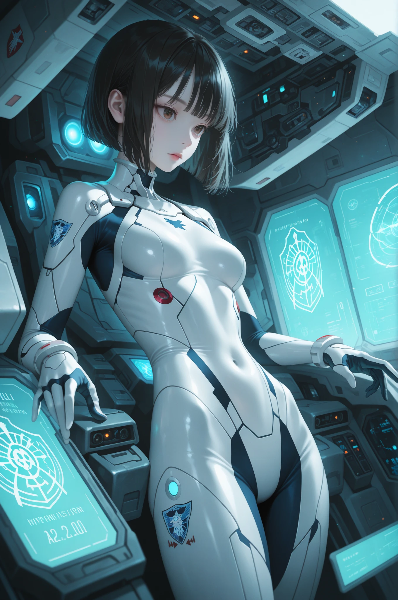 (realistic:1.4), (Raw photo)table top, highest quality, very detailed, (realistic:1.4), (8K, 4k, highest quality, High resolution, 超High resolution:1.1), 8K portrait,1 girl, Japanese アンdroid gid,Plump , announcer,Control panel,アンdroid,droid,mechanical hand, ,robot arms and legs, black hair,Machine body,dull bangs,white robot parts,perfect robot woman,charging spot,long tube,A thick cable was connected to his neck...,ceramic body ,Machine body, mechanical ear covers,アンdroid,robot humanoid,a little chubby,panties,full eyes,perfect machine body,white robot body,laboratory of the future,アンdroid factory,mechanical ear covers,white and light blue uniform,aqua accent costume,