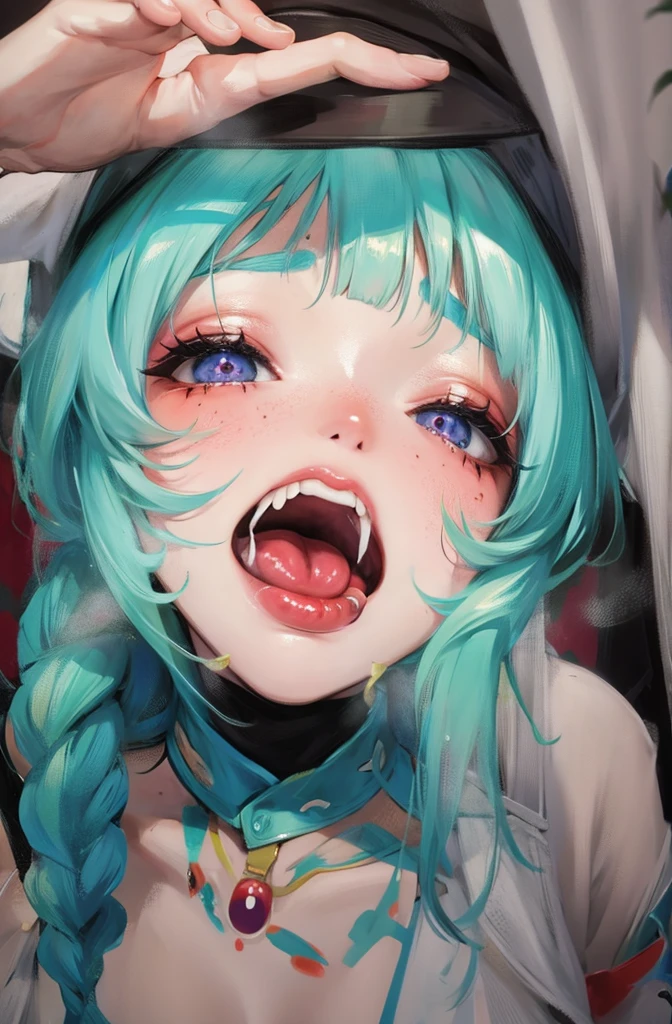 masterpiece、highest quality、1 girl、(I'm wearing a mob hat)、Medium hair with blue hair、red eyes(heart-shaped pupil) 、blush、bow、Ascot、wingspan、bedroom background、big breasts、Slender、remilia scarlet、full nude、Courtship attitude、It is dripping with the mouth open and the tongue sticking out、smile、beautiful face、good breasts、sleep on your back