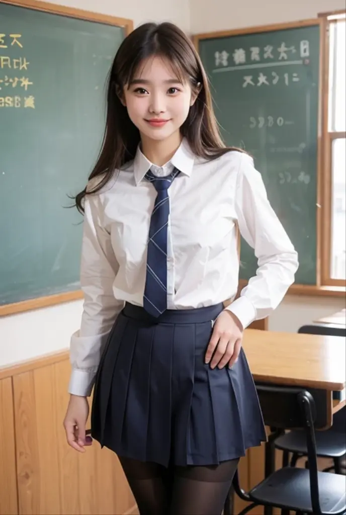 (1girl), (highly detailed face), Amazing face and eyes, (Best Quality:1.4), (Ultra-detailed), (extremely detailed CG unified 8k wallpaper), Highly detailed, High-definition raw color photos, Professional Photography, Realistic portrait, Amazing face and eyes, Pink eyes, (hi-school uniform, pleated mini skirt:1.3), brown hair, model, depth of fields, School, classroom,