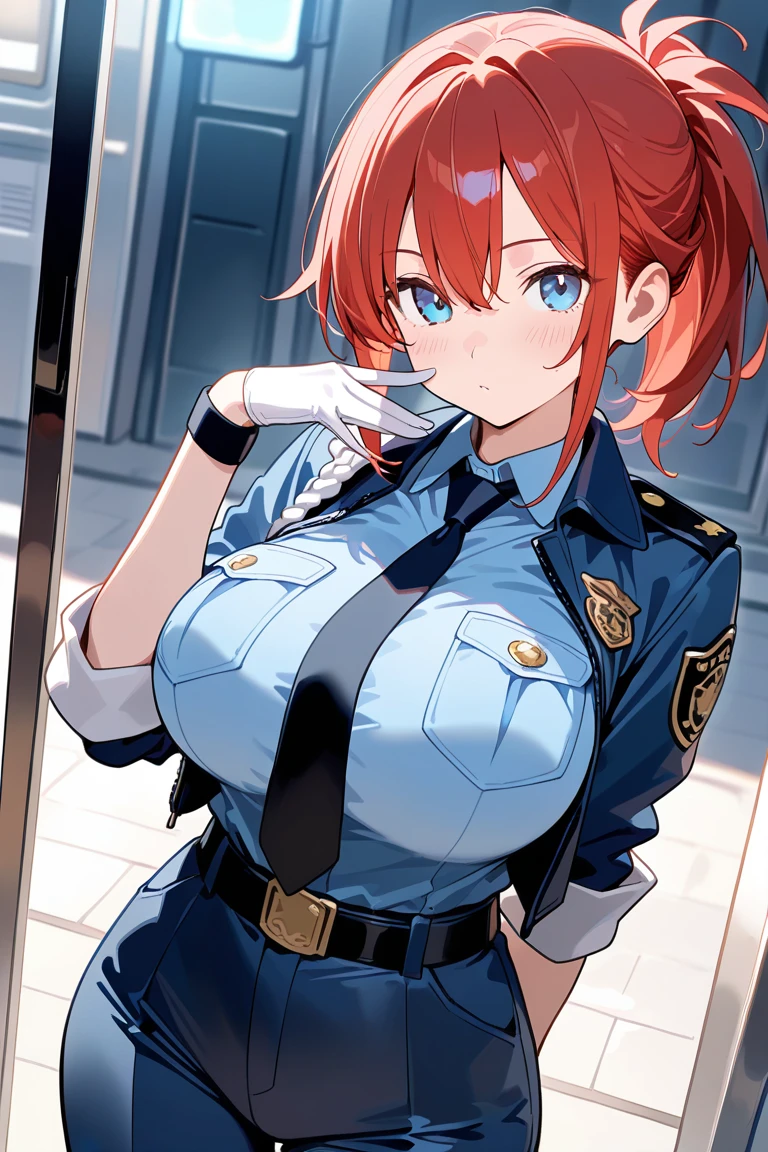 big lips, red hair, pink eyes, cara japonesa Ahegao, improve, improve grin, two sides up, huge breasts, Wide hips, sexy, detailed, room, Hits, Ahegao, kawaii, police pants, police, GOOD,police costume, police shirt, choker, police pants, police shirt,navel piercing,ropa interior,huge breasts,use glasses