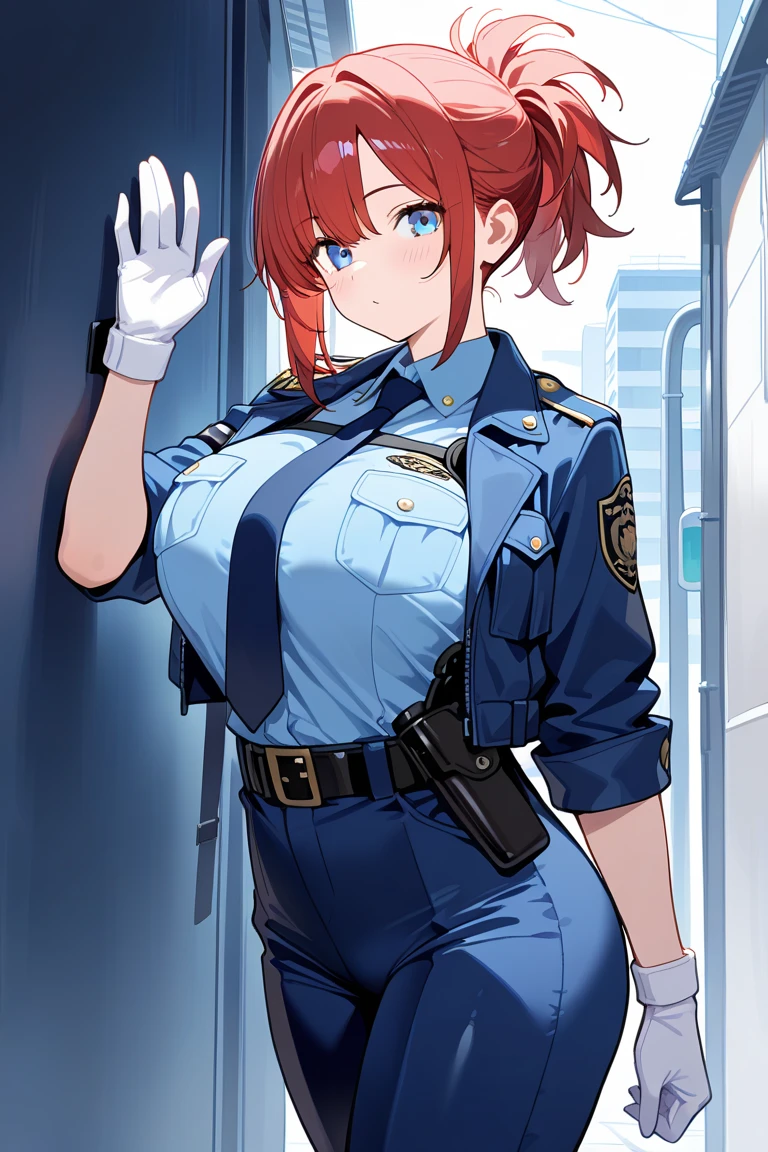 Maki nishikino, from above, Purple eyes,red hair, curvy body, big breasts,((short bodycon dress)), strapless , sleeveless, bare shoulders, gloves, police cap, blushing, sitting on ground, defeated, looking at viewer, in prison, embarrassed,(cum on face:1.3), cum on breasts, castlevania style