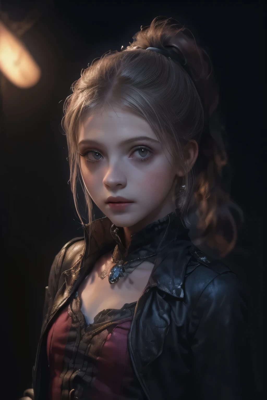  ((best quality)), ((masterpiece)), (detailed), perfect face (((mastepiece, of the highest quality, super detailed))), ((plain dark background)), ((photorealistic)), Dark fantasy art, dark fantasy, ((gothic art)), ((Bloodborne inspired)), (Georgian era inspired), human female, (occultic vibe), (cosmic horror vibe), (beautifully fine and intricate white embroidery), (occultic academic uniform), (academic witch), (smart and intricate small jacket top) ((carrying an ornately designed and decorated sword hilt in her right hand)), (black intricately detailed gothic uniform), (thigh length puffy breeches), (thigh high buckled boots), ((((Highly detailed face)))), small thin nose, Small thin lips mouth, (((Very sharp focused eyes))), ((perfect symmetrical beautiful eyes)). looking here, (resolved expression), (resolute expression), ((biblically evocative)), ((dark and gloomy)), ((small )), ((blonde)) hair, ((long ponytail, thick ponytail, heavy ponytail)), very long eyelashes, (full body), (dynamic poses), (action poses), (attacking with a sword), character design, soft lighting