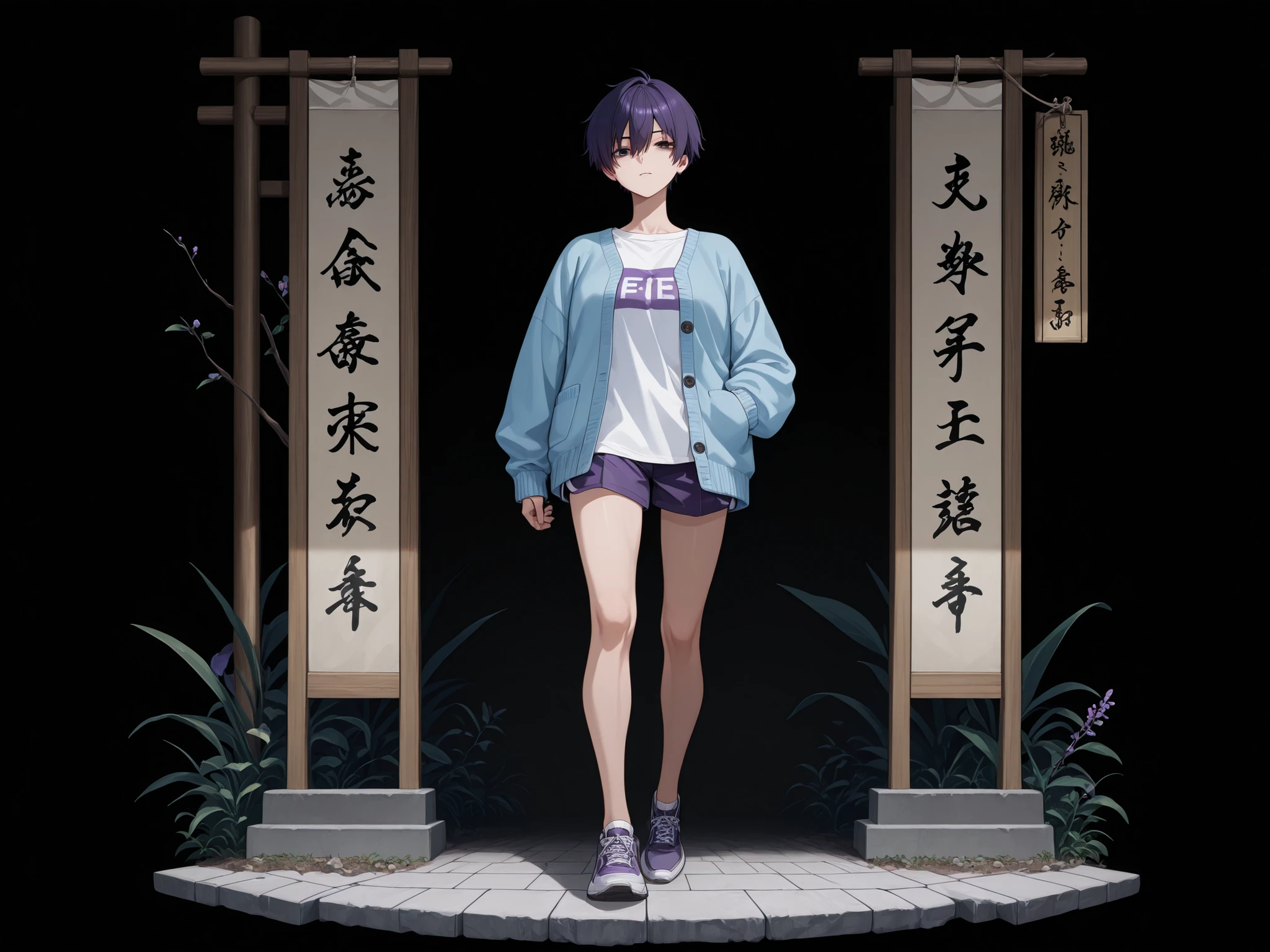 A woman wearing a blue cardigan with dark eyes,Full Body, Dark Eyes 、purple short hair、shorts、shirt、Hair between the eyes、白shirt、long sleeve、hand in pocket,Tomboy,Refer to the two-dimensional style of Japanese illustrations